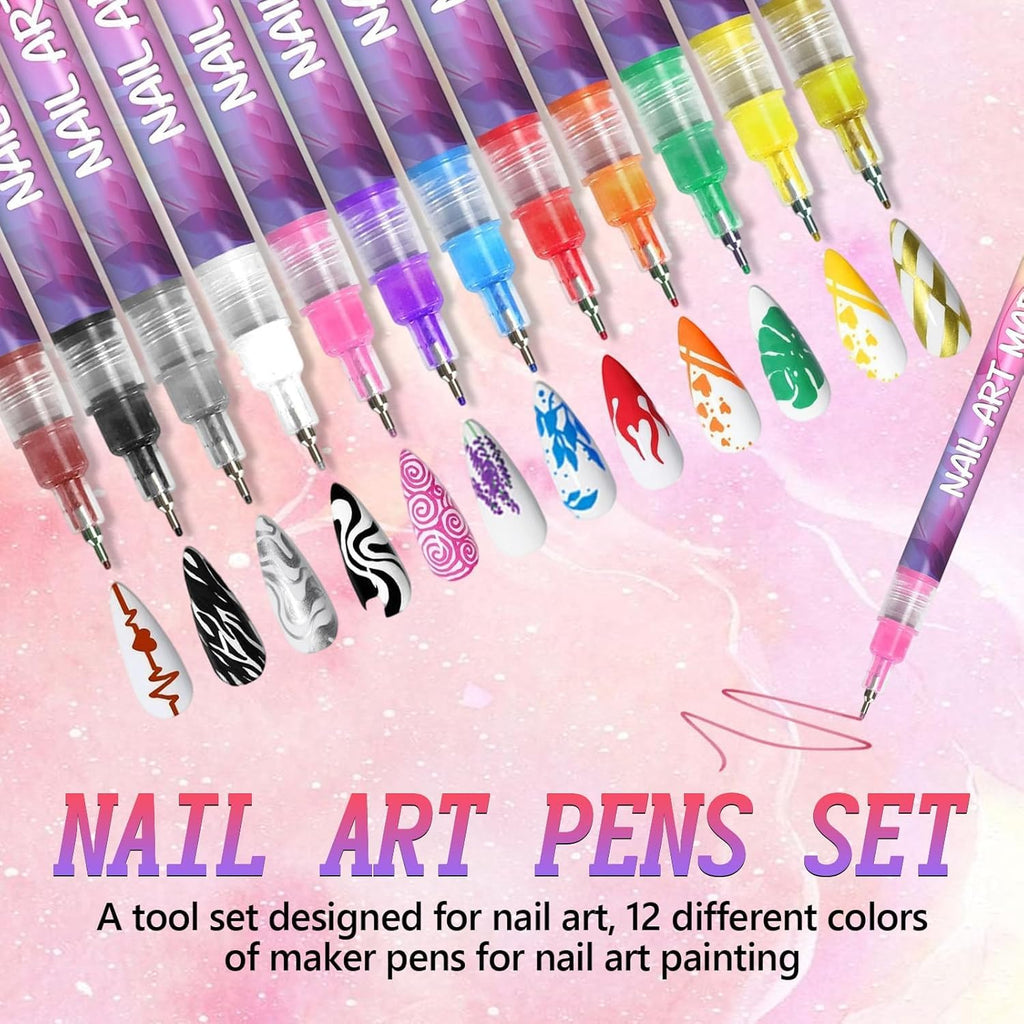ScontLuy 12 Colors Nail Art Pens Set - 0.5mm Fine Tip for DIY Nail Design