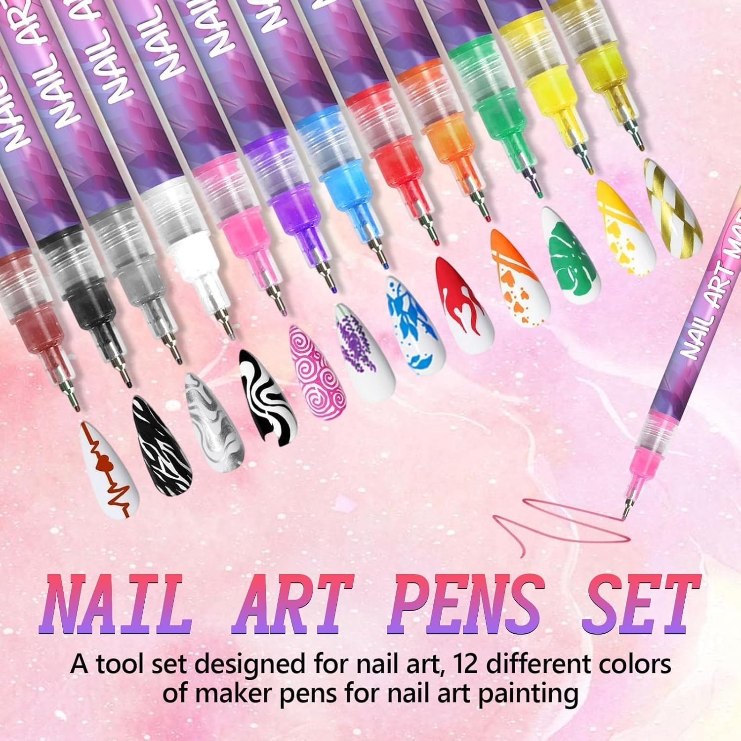 ScontLuy 12 Colors Nail Art Pens Set - 0.5mm Fine Tip for DIY Nail Design