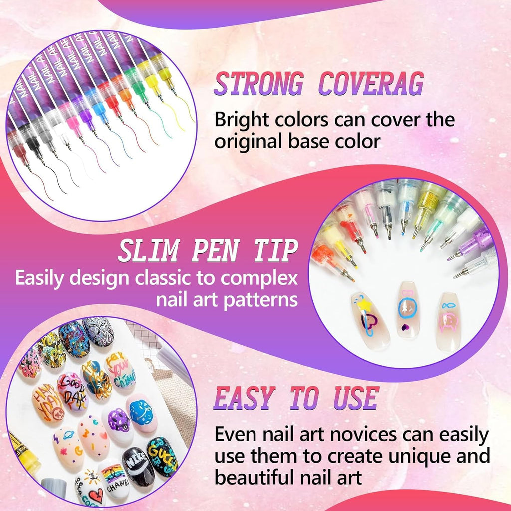 ScontLuy 12 Colors Nail Art Pens Set - 0.5mm Fine Tip for DIY Nail Design