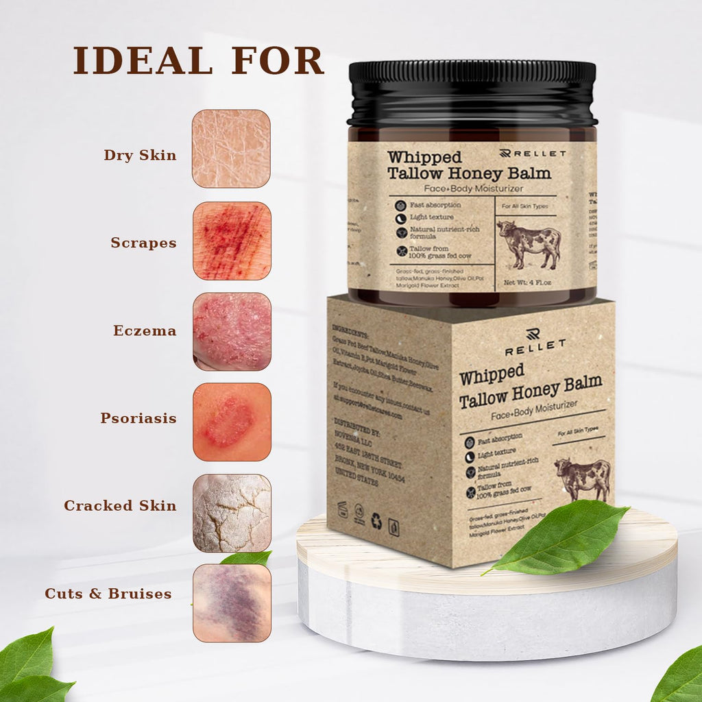 Scosvvi Whipped Tallow Honey Balm – Grass-Fed Tallow Moisturizer for Dry & Sensitive Skin, Face & Body Hydration, 4 oz