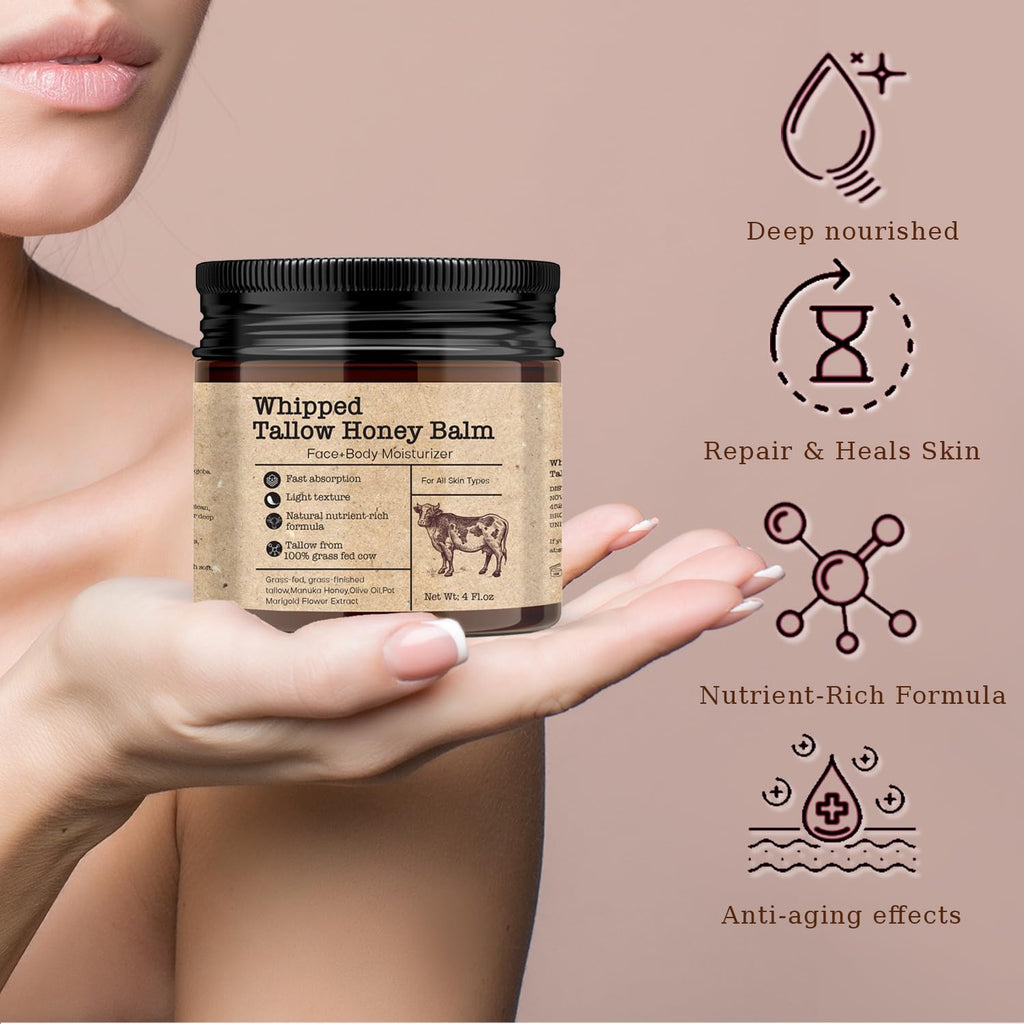 Scosvvi Whipped Tallow Honey Balm – Grass-Fed Tallow Moisturizer for Dry & Sensitive Skin, Face & Body Hydration, 4 oz