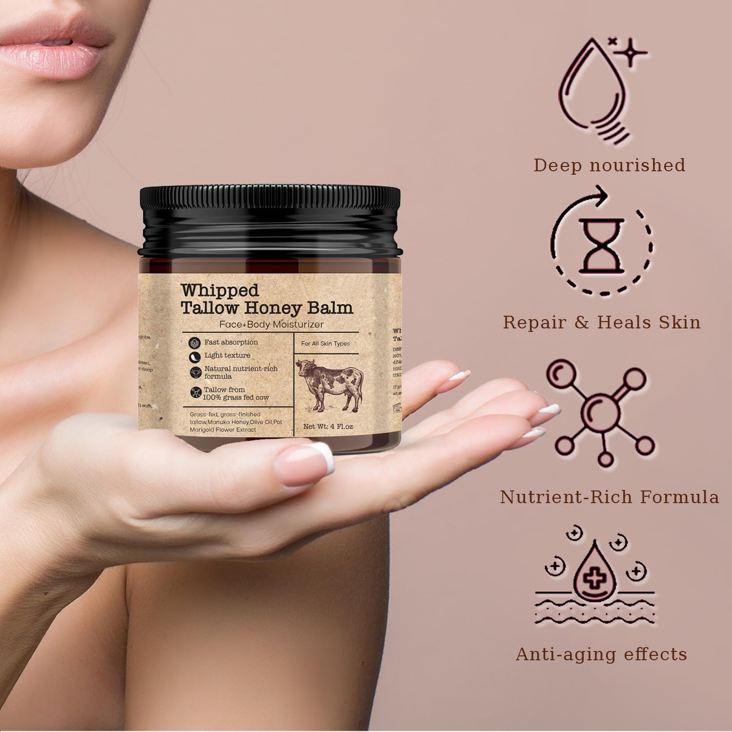 Scosvvi Whipped Tallow Honey Balm – Grass-Fed Tallow Moisturizer for Dry & Sensitive Skin, Face & Body Hydration, 4 oz