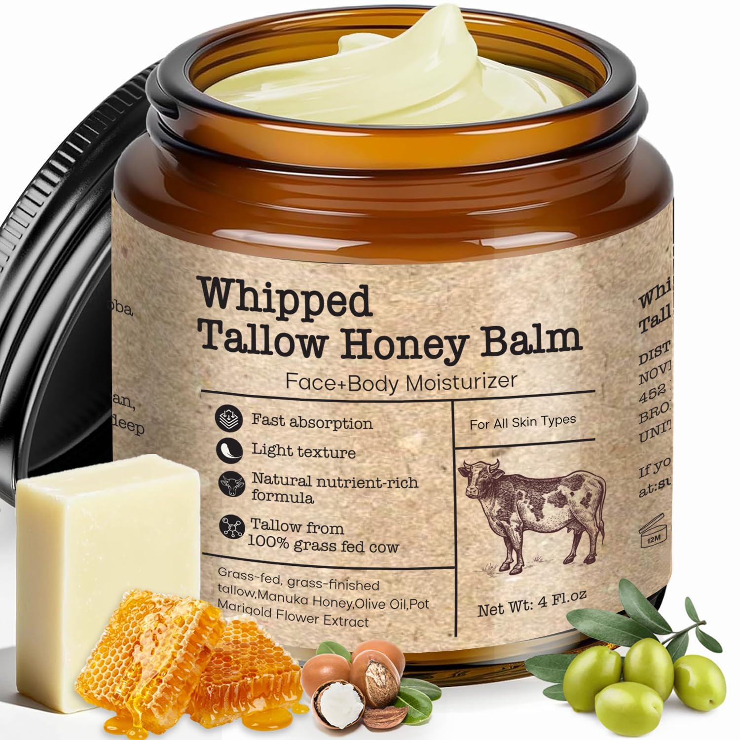 Scosvvi Whipped Tallow Honey Balm – Grass-Fed Tallow Moisturizer for Dry & Sensitive Skin, Face & Body Hydration, 4 oz