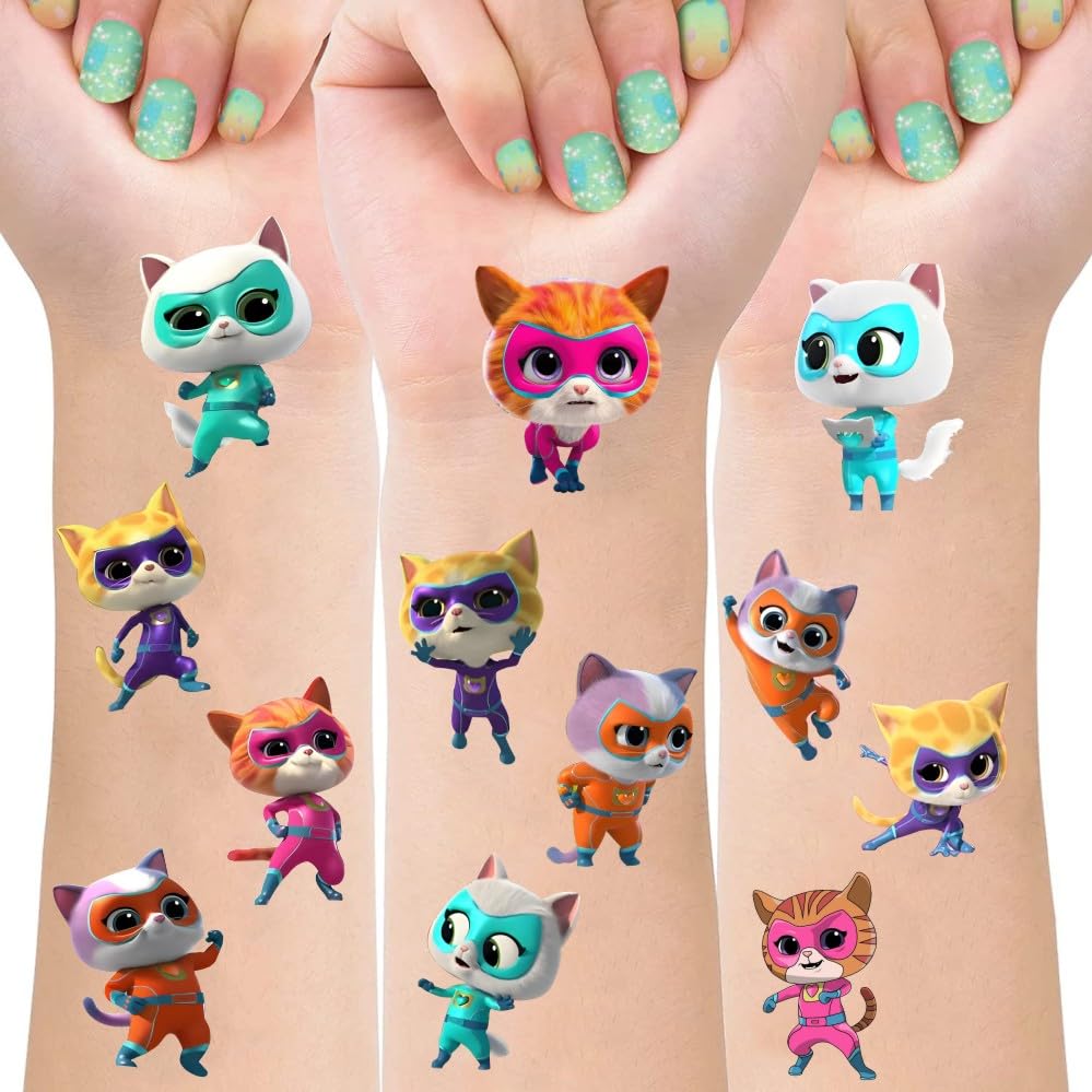 SDONY 8 Sheets Super Cats Temporary Tattoos for Kids | Party Decorations & Party Supplies