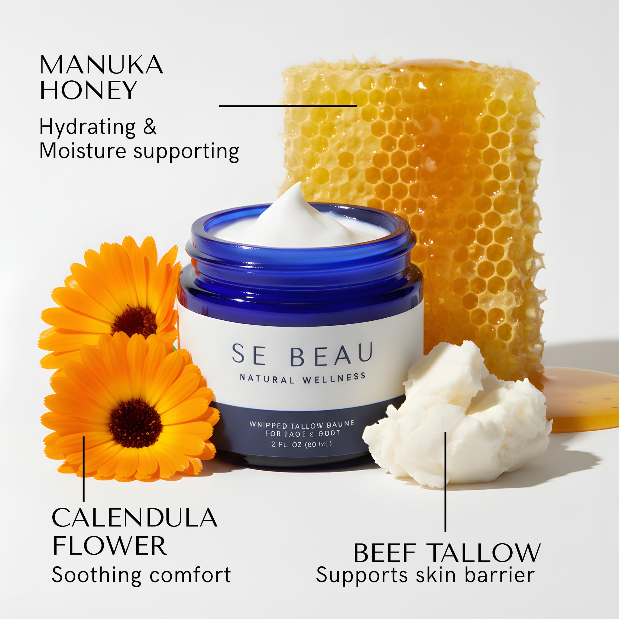 Se Beau Tallow Balm – Unscented Whipped Grass-Fed Moisturizer with Manuka Honey & Calendula