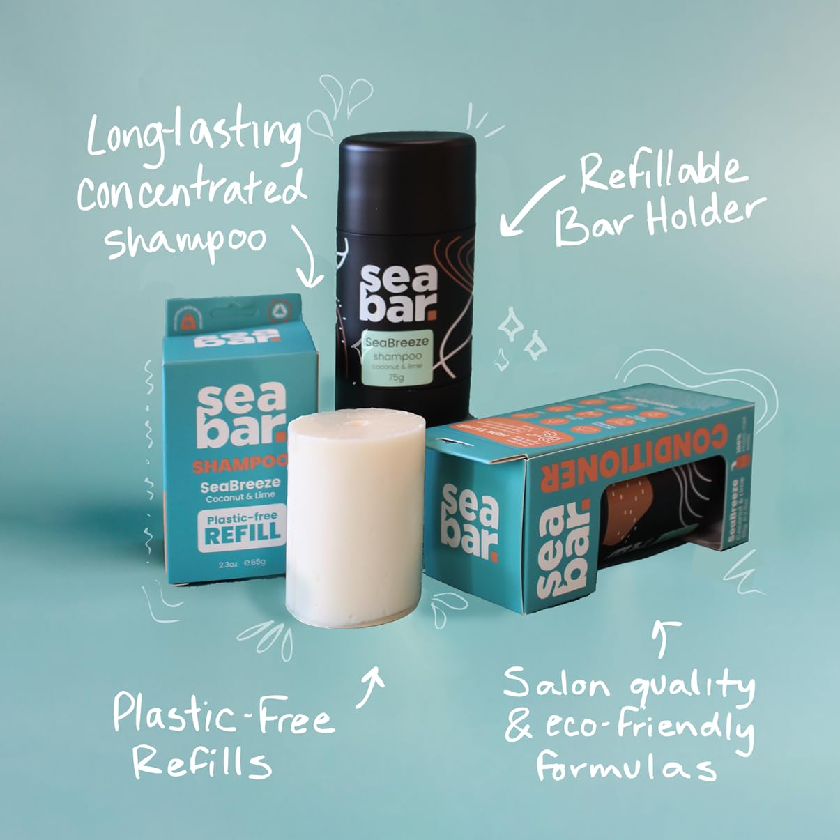 SeaBar Shampoo & Conditioner Bar Set – All-Natural, Vegan, Sulfate-Free, Zero Waste