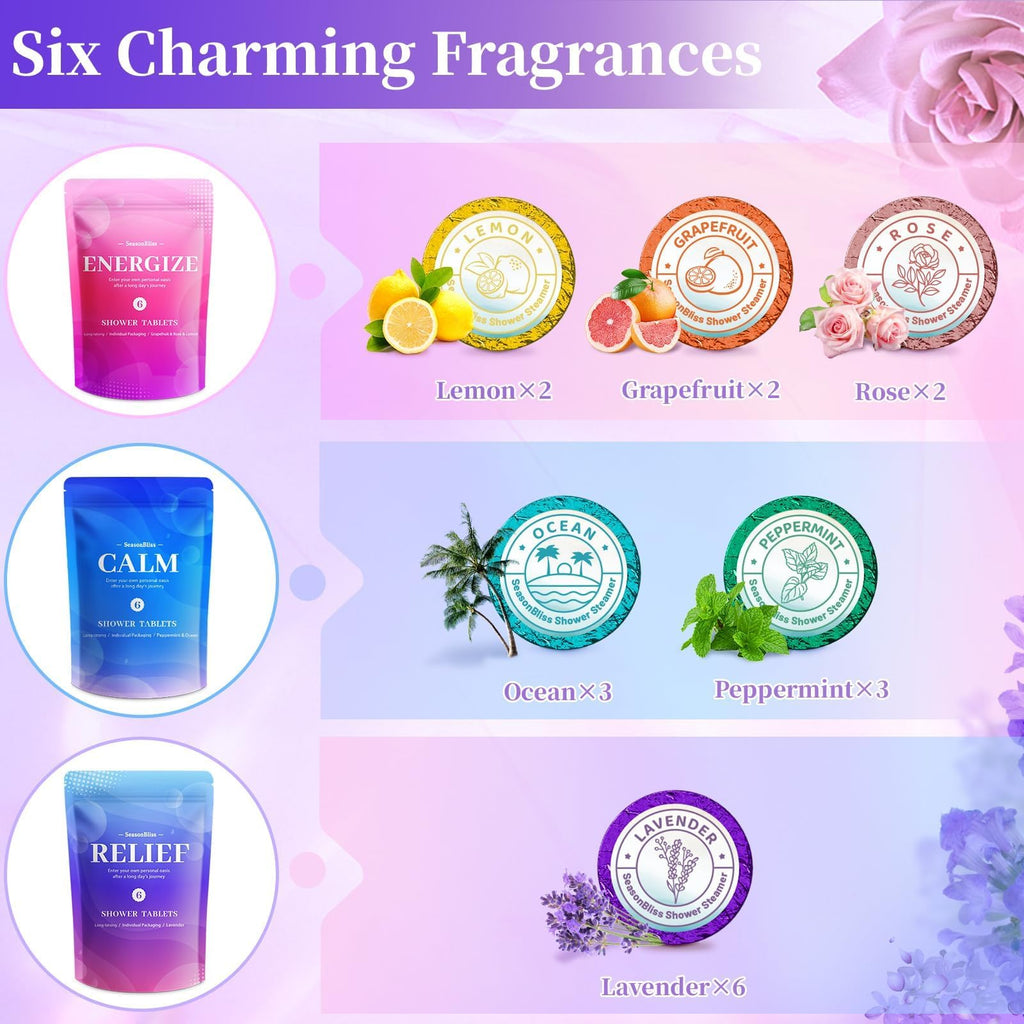 SeasonBliss Shower Steamers 18 Pack Set – 6 Scents, Natural Ingredients, Easy to Use & Giftable