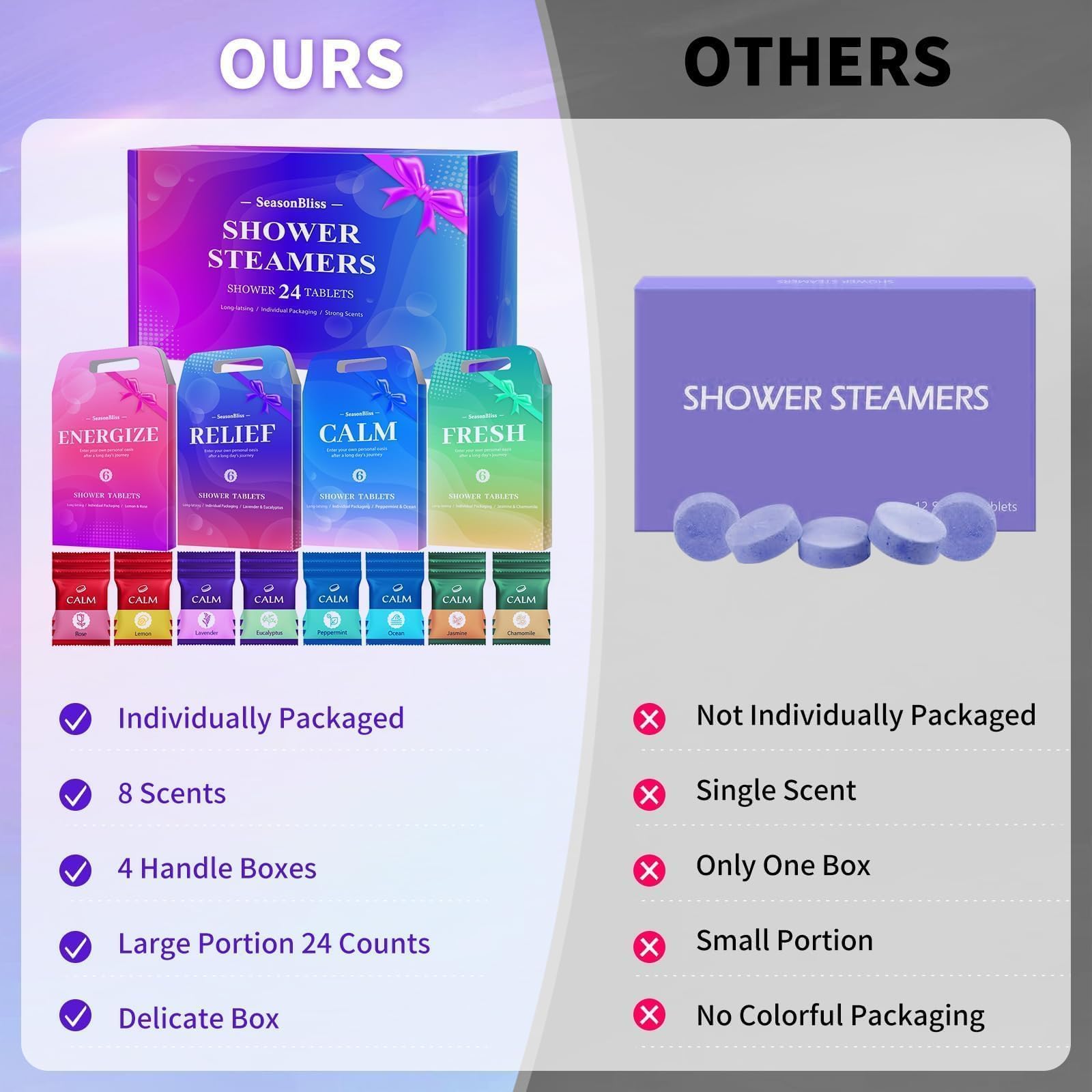 SeasonBliss Shower Steamers 24 Pack – 8 Scents, Individually Wrapped, Natural Shower Tablets