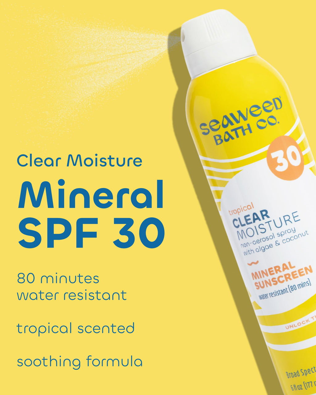 Seaweed Bath Co. Clear Moisture SPF 30 Mineral Sunscreen Spray – Broad Spectrum, Hydrating, Non-Nano Zinc, 6 oz