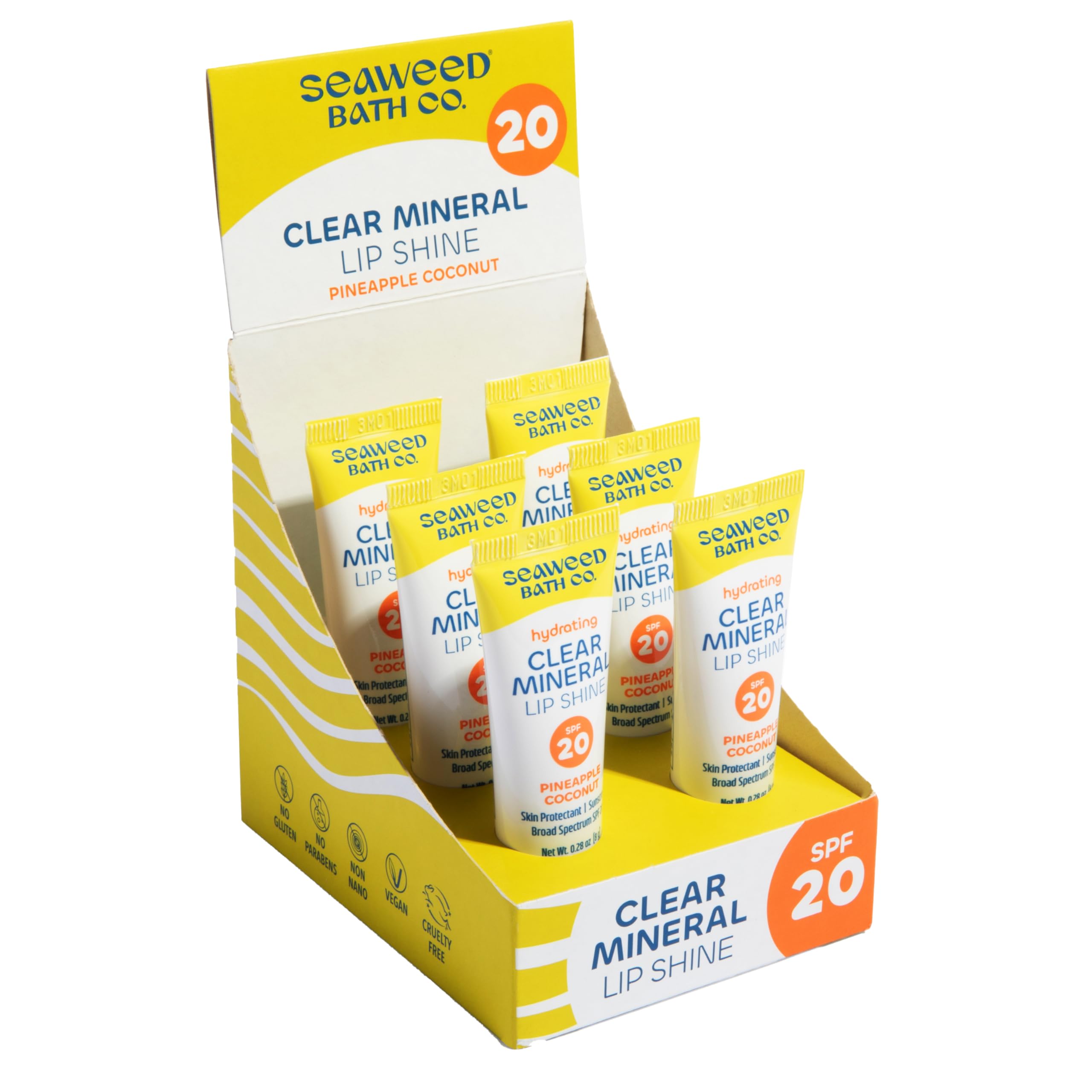 Seaweed Bath Co. Hydrating Lip Shine SPF 20 – Clear Mineral Lip Balm, 0.28 Oz (6-Pack)