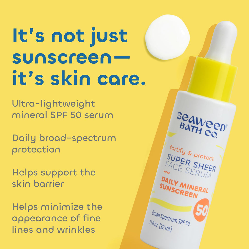 Seaweed Bath Co. Fortify & Protect Super Sheer SPF 50 Facial Sunscreen – 1.1 oz, Broad Spectrum, Non-Tinted