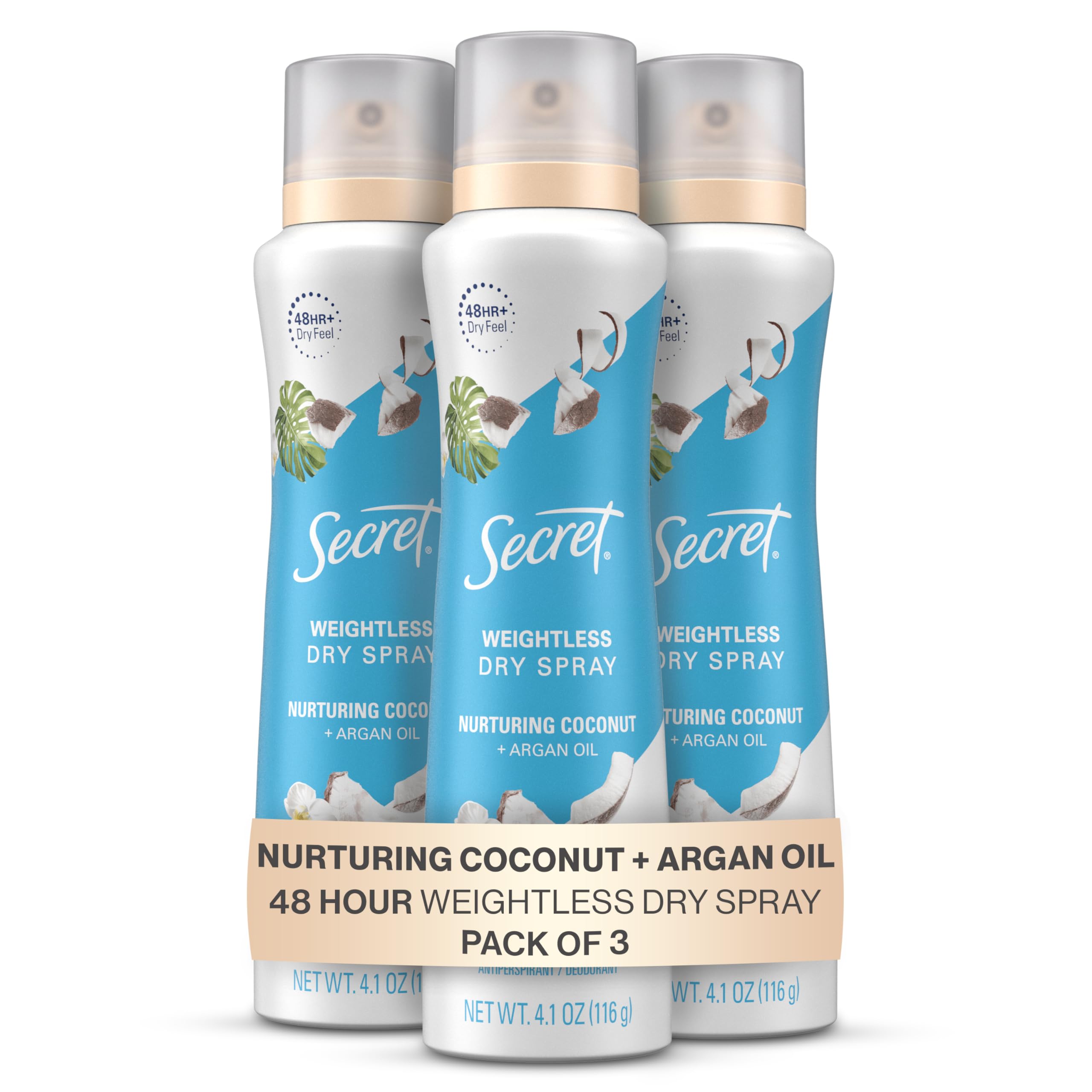 Secret Dry Spray Antiperspirant Deodorant – Nurturing Coconut & Argan Oil, 4.1 oz Pack of 3