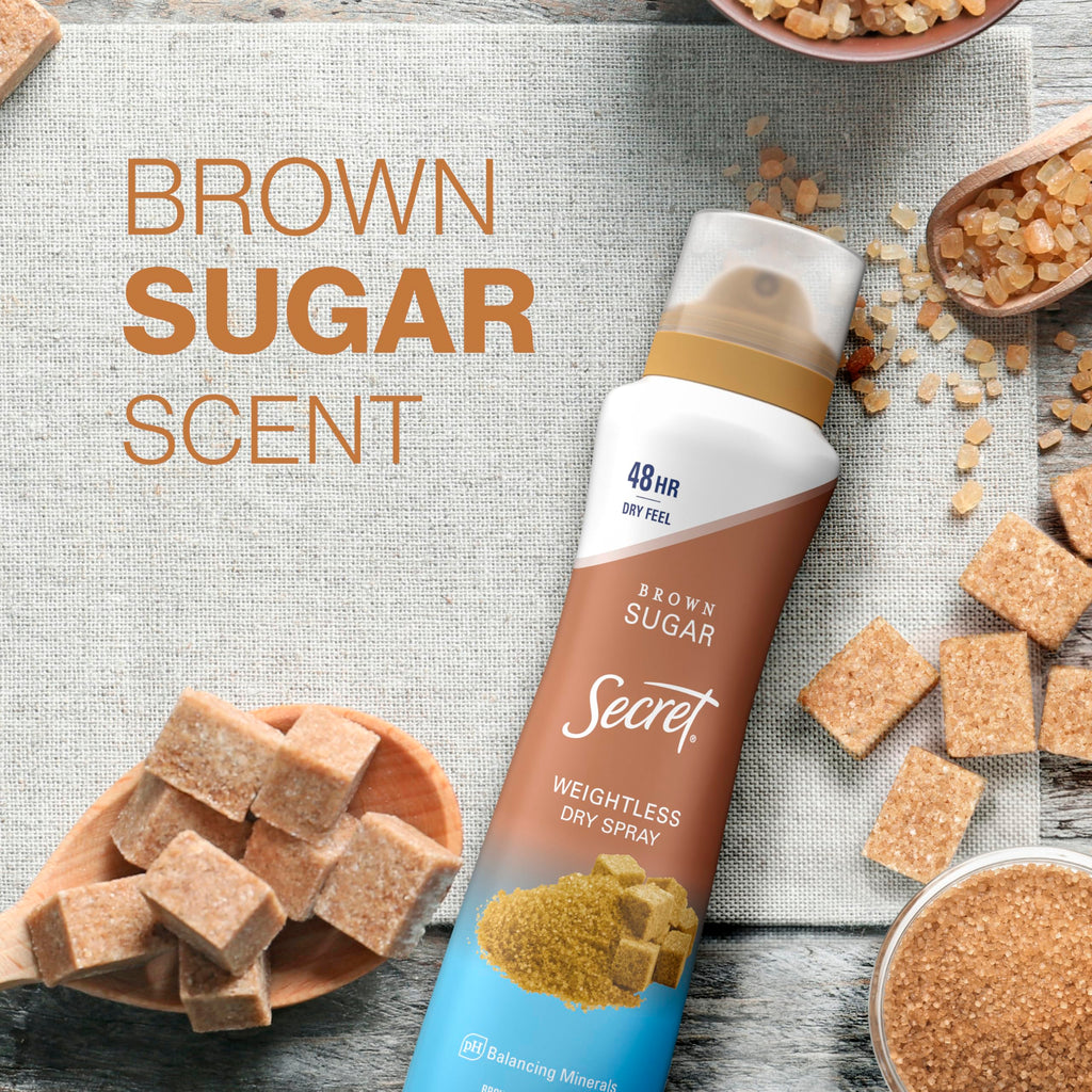 Secret Dry Spray Antiperspirant Deodorant for Women – 48-Hour Weightless Protection, Brown Sugar Scent, Pack of 3 (4.1 oz each)