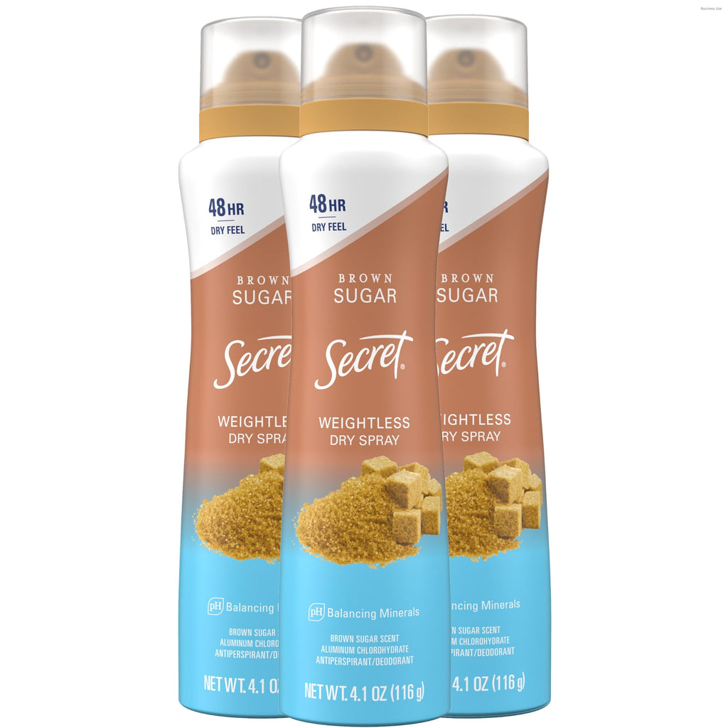 Secret Dry Spray Antiperspirant Deodorant for Women – 48-Hour Weightless Protection, Brown Sugar Scent, Pack of 3 (4.1 oz each)