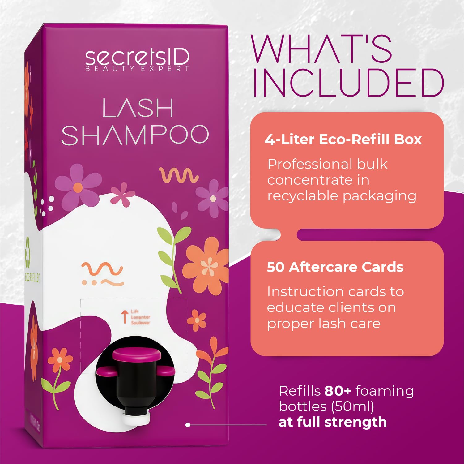 SecretsID Pro Lash Shampoo for Extensions – 4L Eco-Refill + 50 Cards