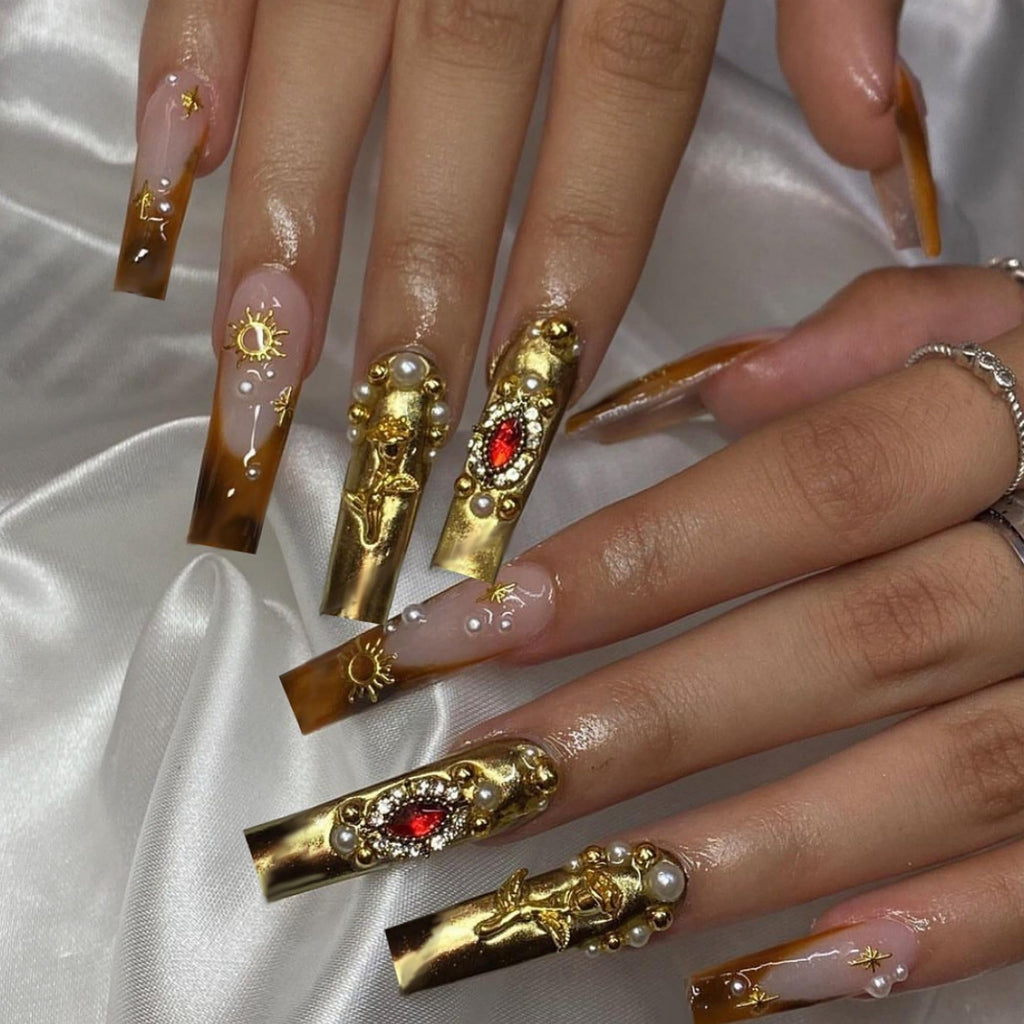 SEENEEY Long Press on Nails – Square Fake Nails with Bow, Pearl & Red Rhinestones | Gold Flower Design, 24pcs