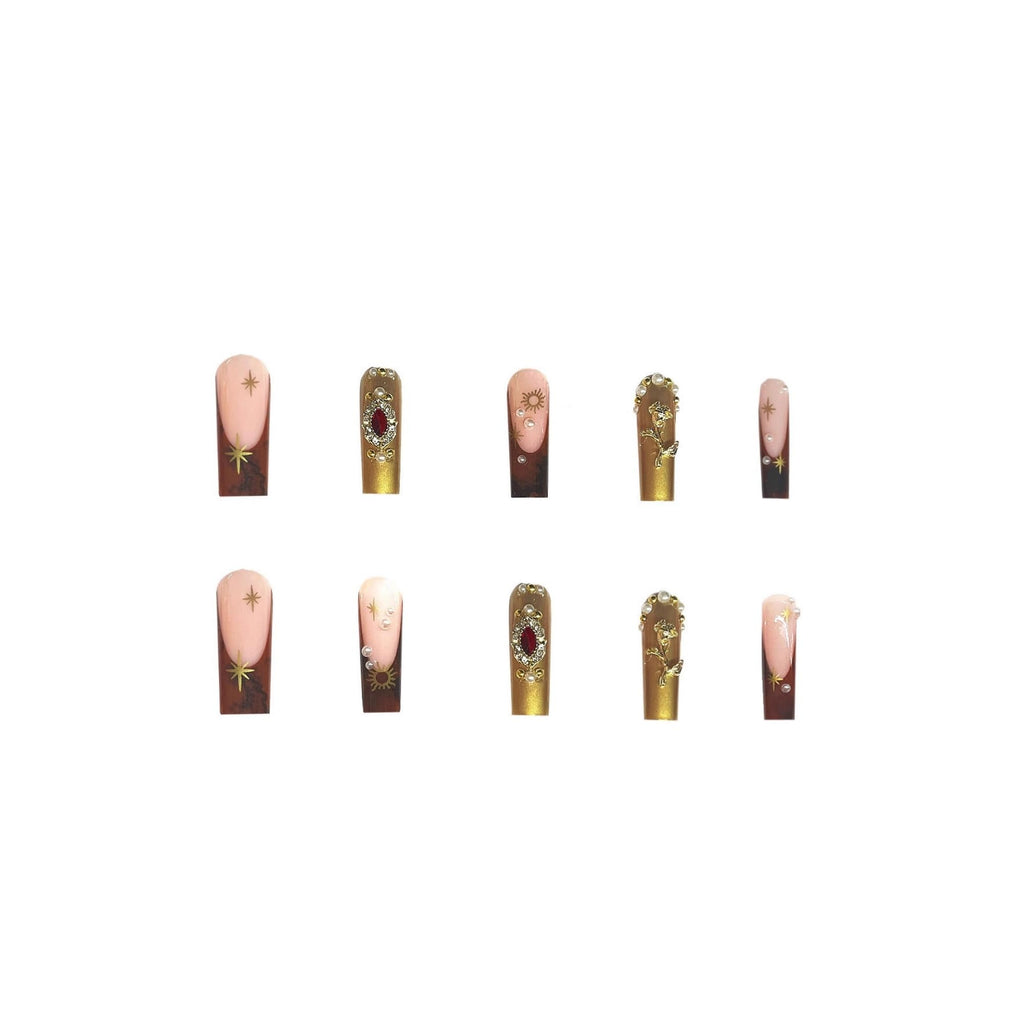 SEENEEY Long Press on Nails – Square Fake Nails with Bow, Pearl & Red Rhinestones | Gold Flower Design, 24pcs