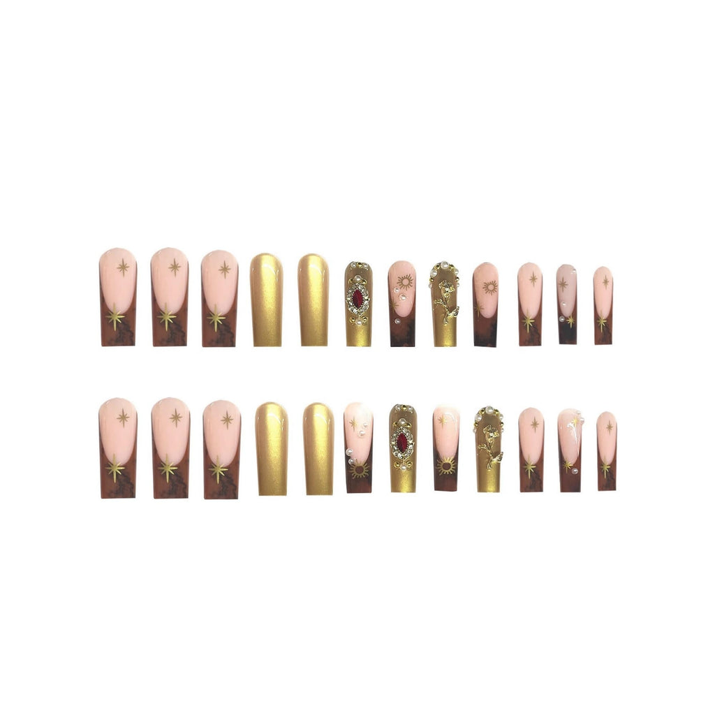 SEENEEY Long Press on Nails – Square Fake Nails with Bow, Pearl & Red Rhinestones | Gold Flower Design, 24pcs