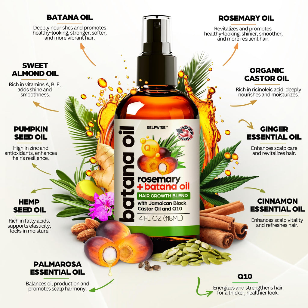SELFWISE Batana Oil for Hair Growth – Organic Rosemary Castor Blend, 4oz
