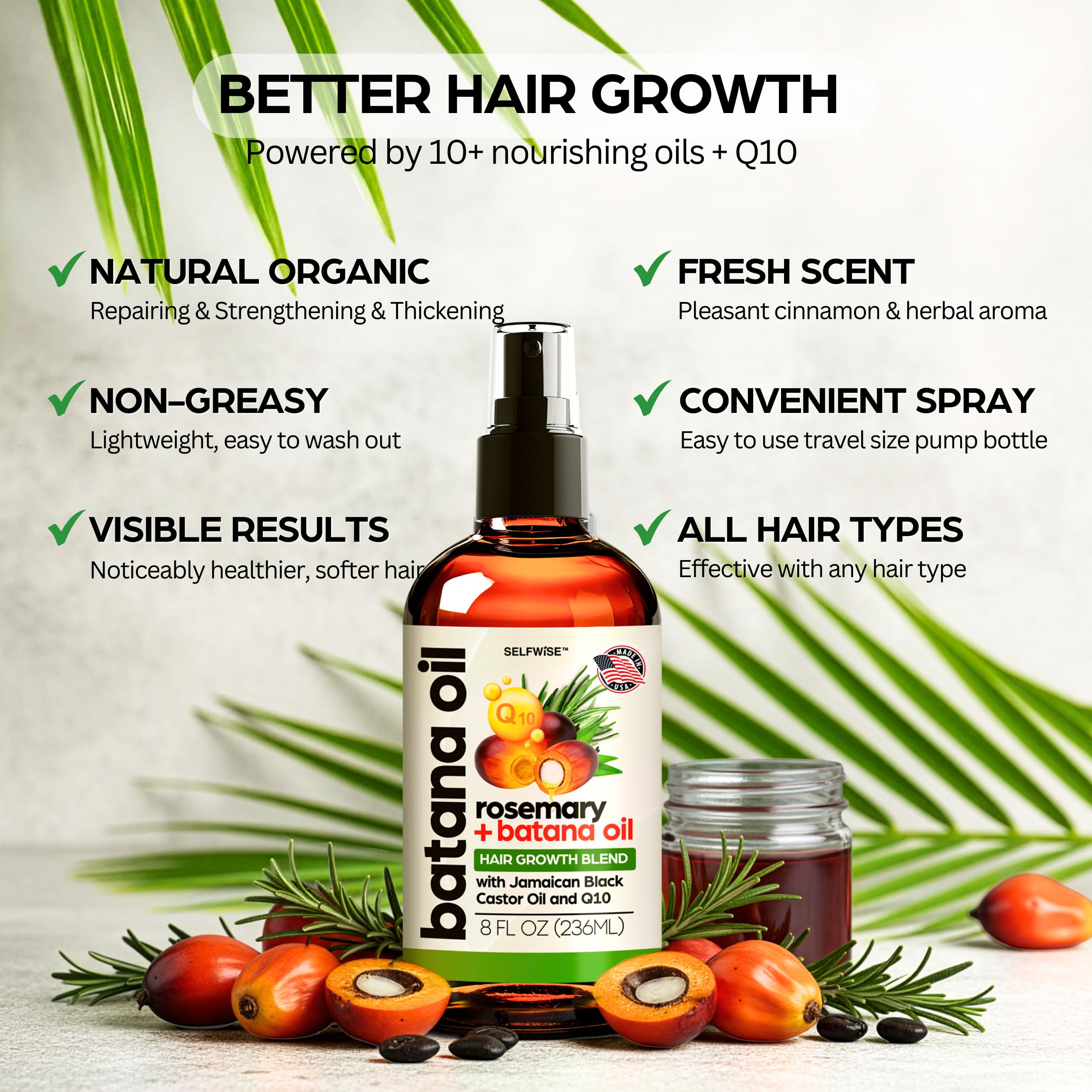 SELFWISE Batana Oil with Rosemary & Castor — Organic Hair Nourishing Oil, 8oz