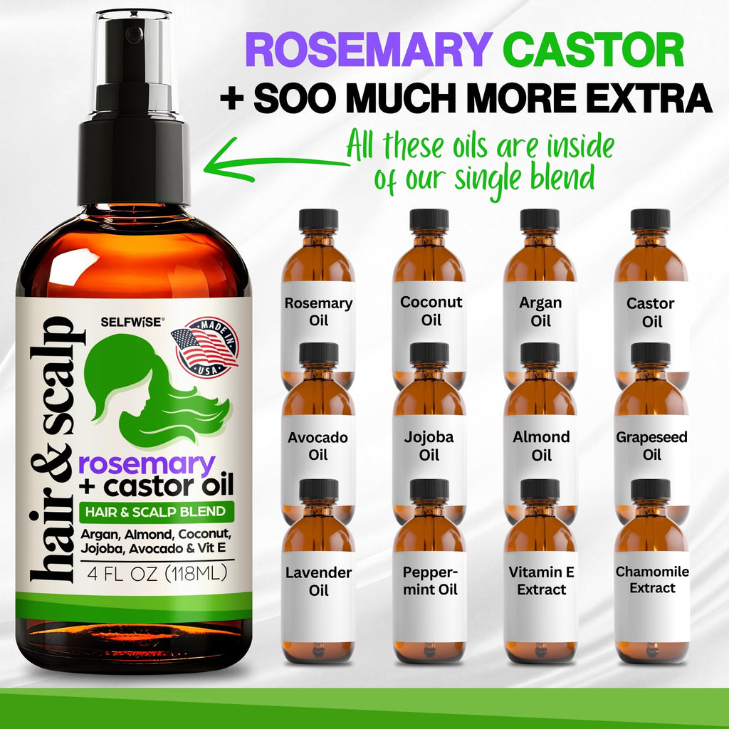 SELFWISE Organic Rosemary Oil for Hair Growth – 10-Oil Blend (Castor, Argan, Coconut, and more) 4oz