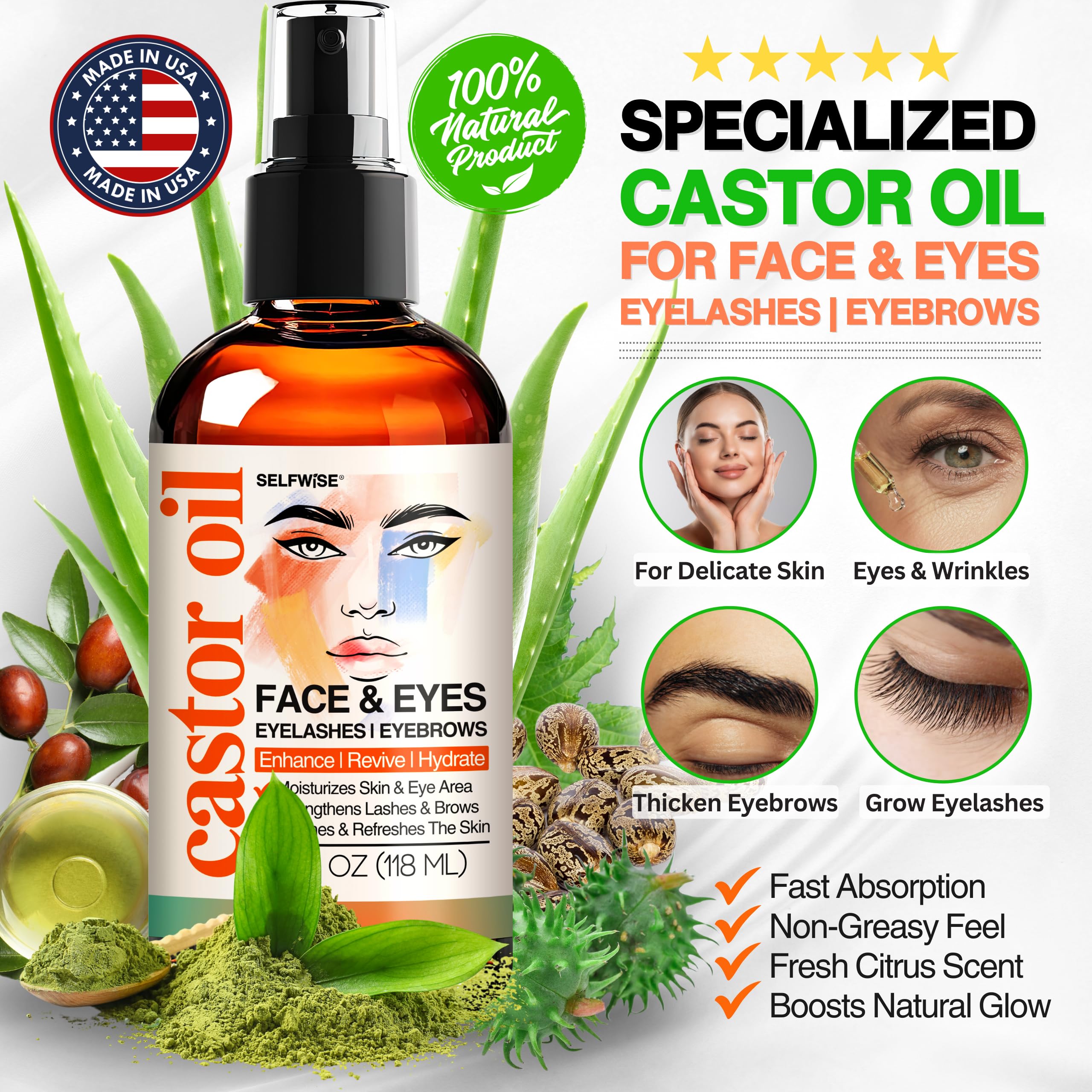 SELFWISE Organic Castor Oil – Face Moisturizer, Brow & Lash Conditioner, 4oz