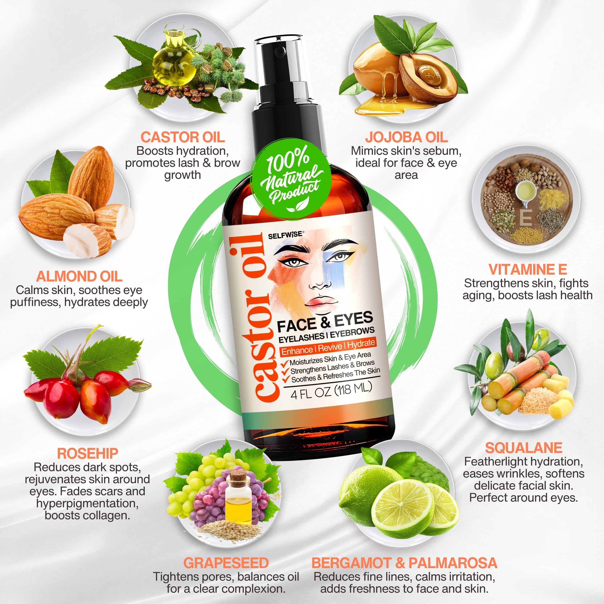 SELFWISE Organic Castor Oil – Face Moisturizer, Brow & Lash Conditioner, 4oz