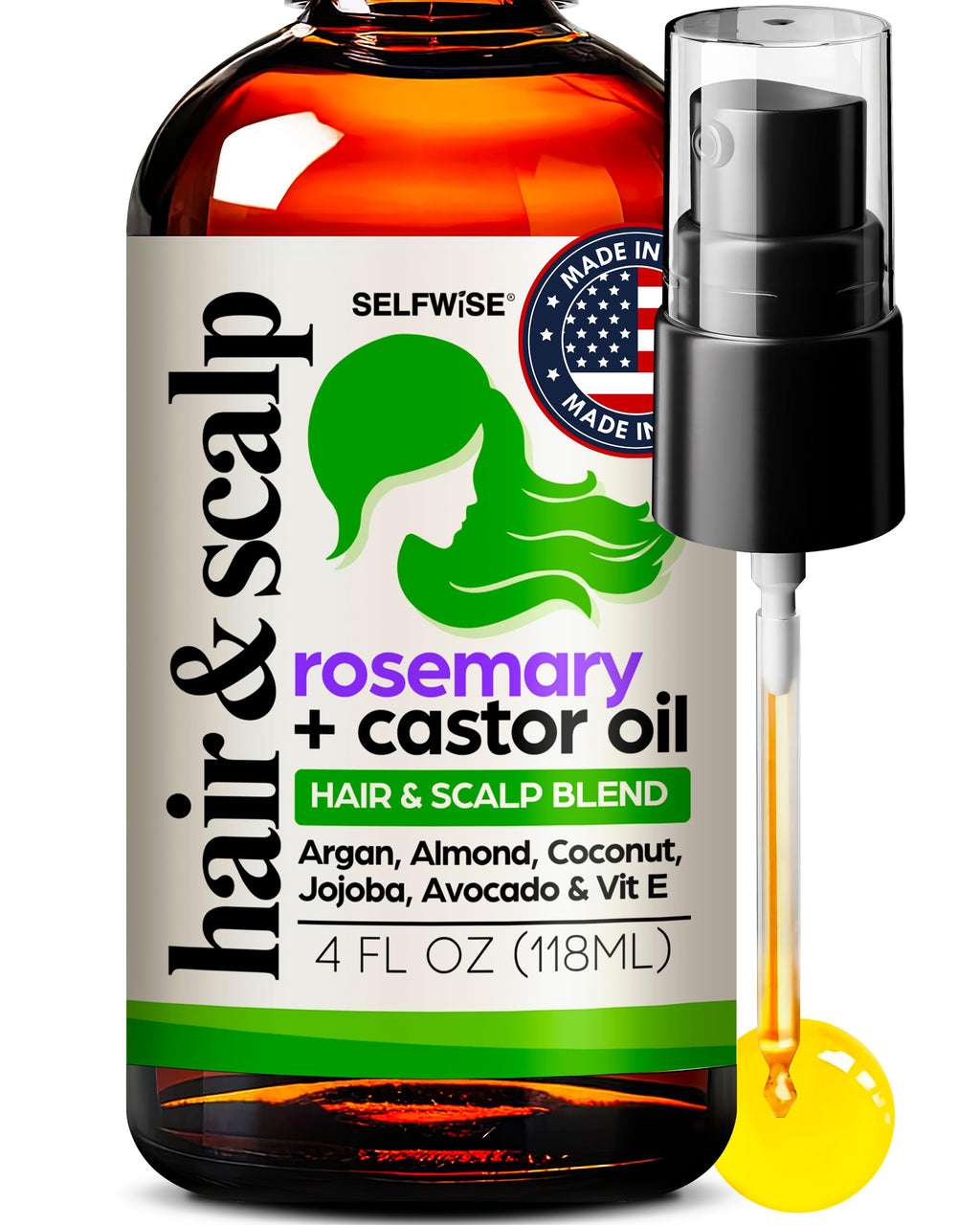 SELFWISE Organic Rosemary Oil for Hair Growth – 10-Oil Blend (Castor, Argan, Coconut, and more) 4oz
