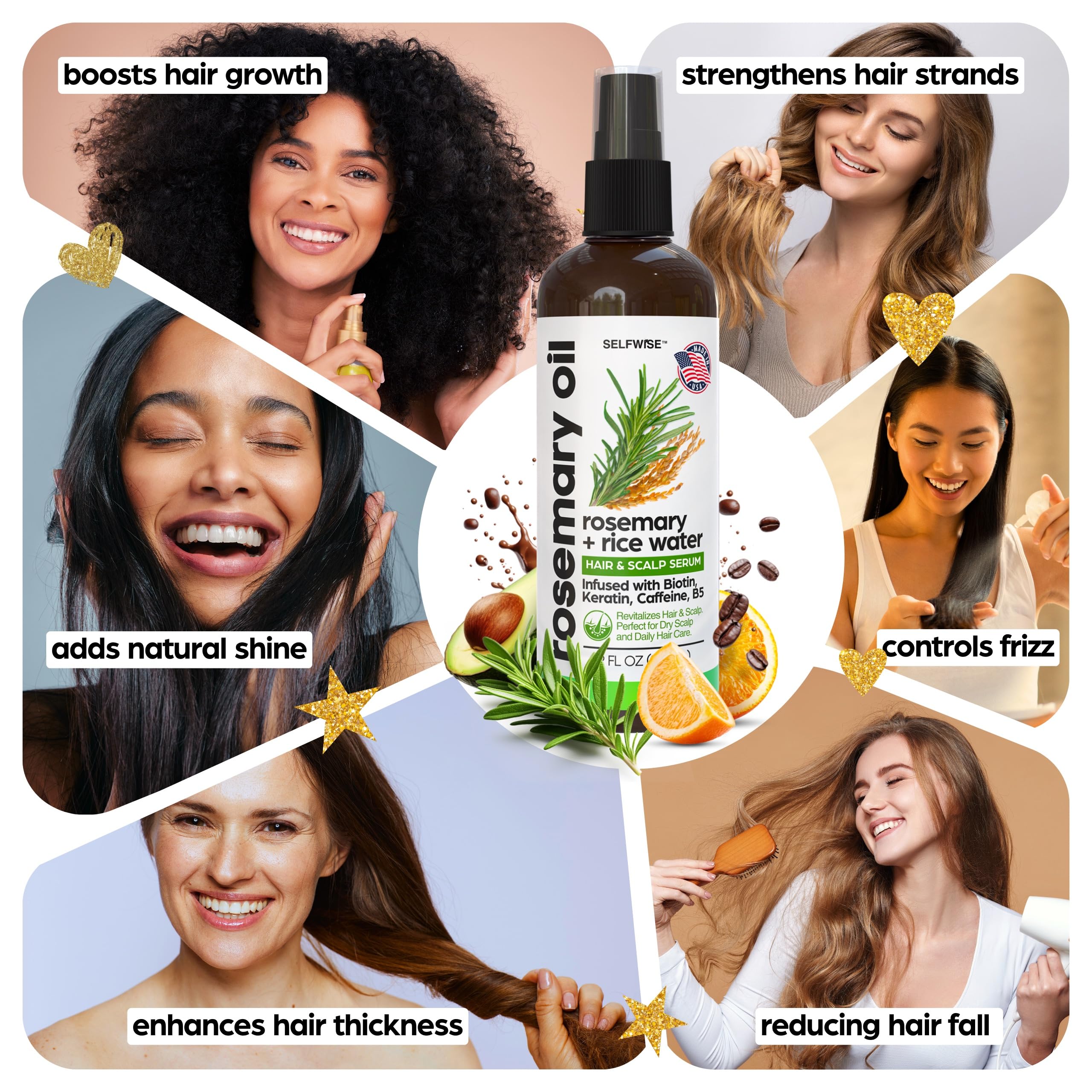 SELFWISE Rosemary Oil & Rice Water Hair Growth Spray – Biotin, Keratin, Caffeine, Vitamin C & B5 | 12oz