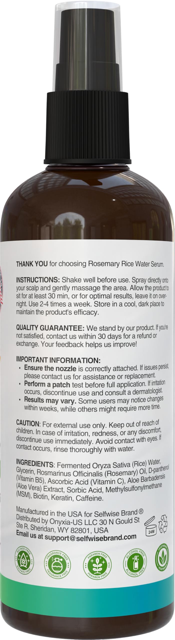 SELFWISE Rosemary Oil & Rice Water Hair Growth Spray – Biotin, Keratin, Caffeine, Vitamin C & B5 | 12oz