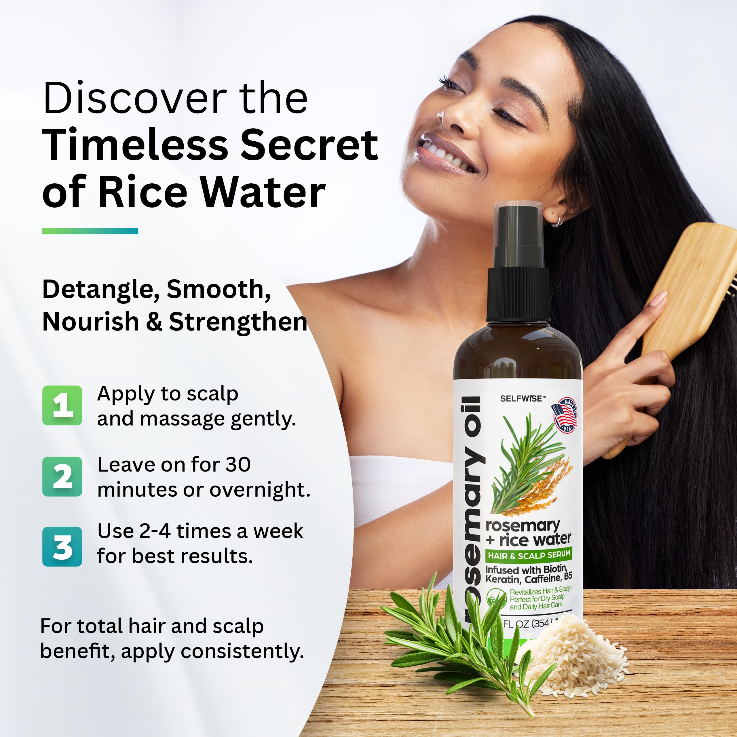 SELFWISE Rosemary Oil & Rice Water Hair Growth Spray – Biotin, Keratin, Caffeine, Vitamin C & B5 | 12oz