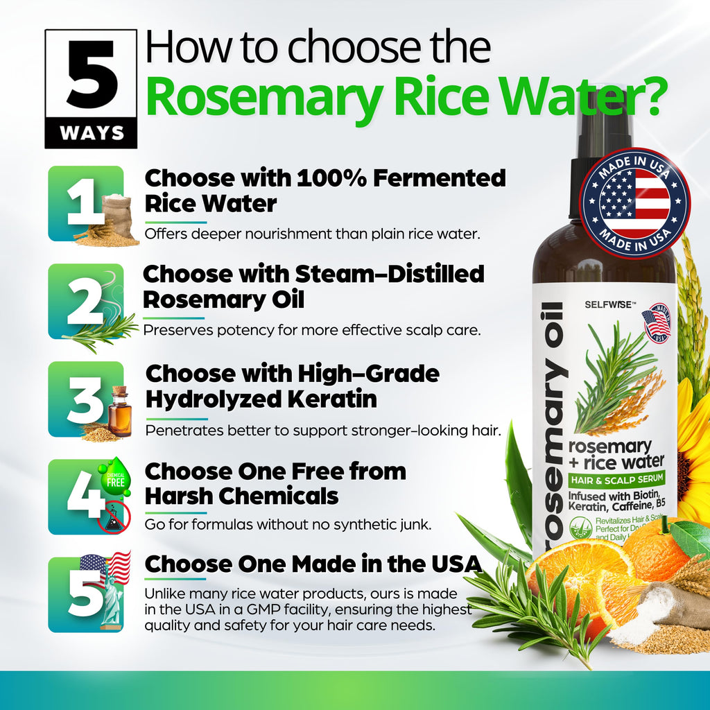 SELFWISE Rosemary Oil & Rice Water Hair Growth Spray – Biotin, Keratin, Caffeine, Vitamin C & B5 | 12oz