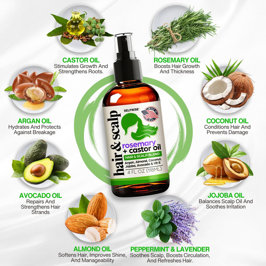 SELFWISE Organic Rosemary Oil for Hair Growth – 10-Oil Blend (Castor, Argan, Coconut, and more) 4oz