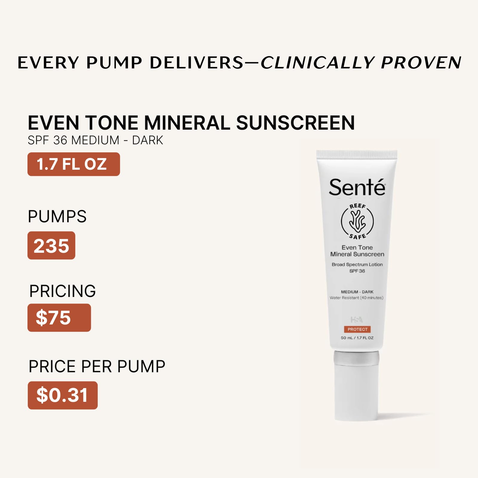Sente Even Tone Mineral Sunscreen Tinted SPF 36 – Hydrating, Lightweight Protection for Medium-Dark Skin | 1.7 oz