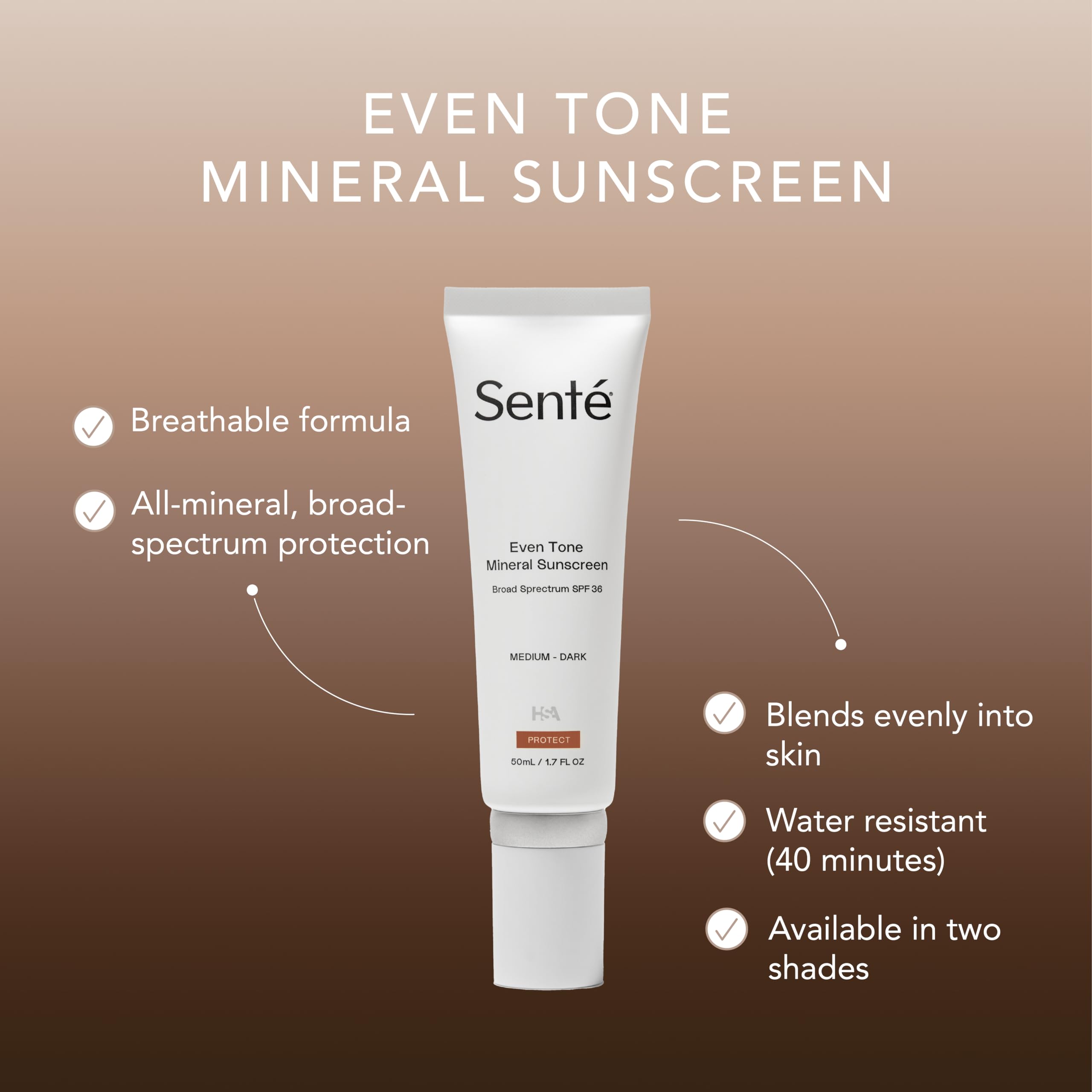 Sente Even Tone Mineral Sunscreen Tinted SPF 36 – Hydrating, Lightweight Protection for Medium-Dark Skin | 1.7 oz