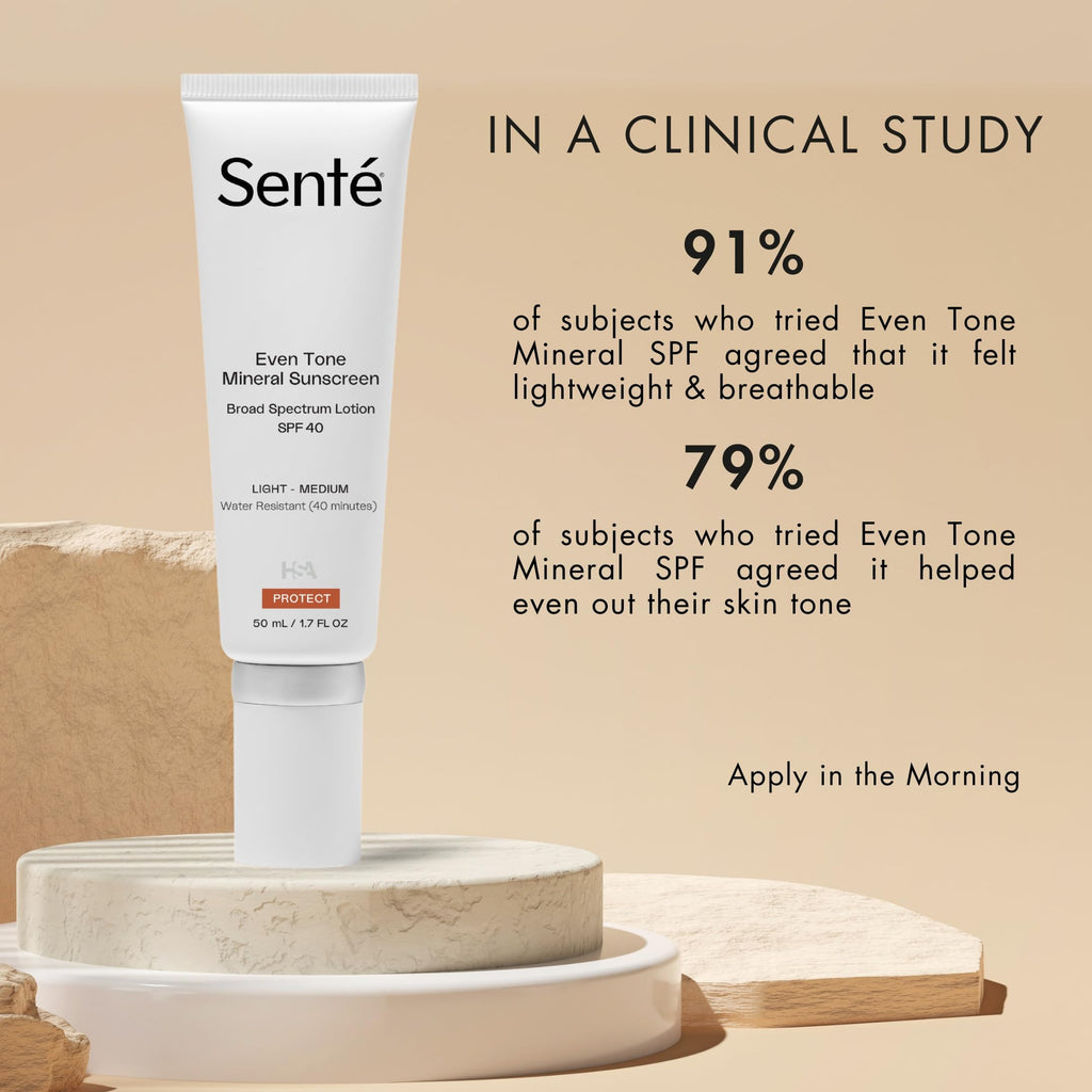 Senté Even Tone Mineral Sunscreen Tint SPF 40 – Light-Medium, Hydrating, Lightweight UVA/UVB & Blue Light Defense
