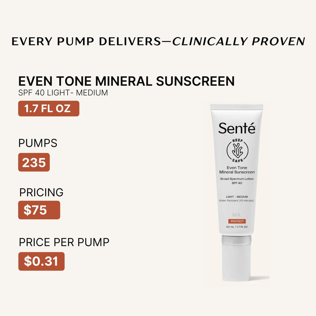 Senté Even Tone Mineral Sunscreen Tint SPF 40 – Light-Medium, Hydrating, Lightweight UVA/UVB & Blue Light Defense
