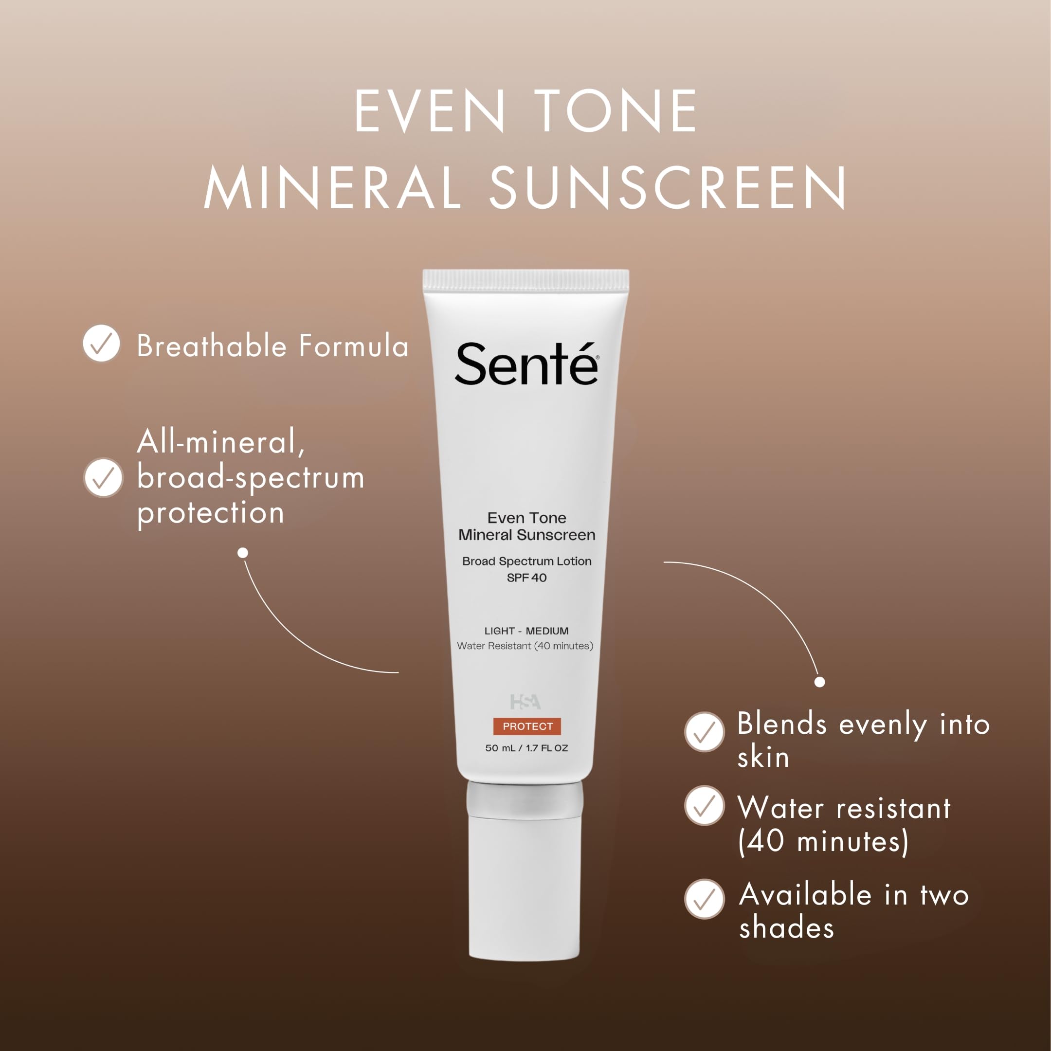 Senté Even Tone Mineral Sunscreen Tint SPF 40 – Light-Medium, Hydrating, Lightweight UVA/UVB & Blue Light Defense
