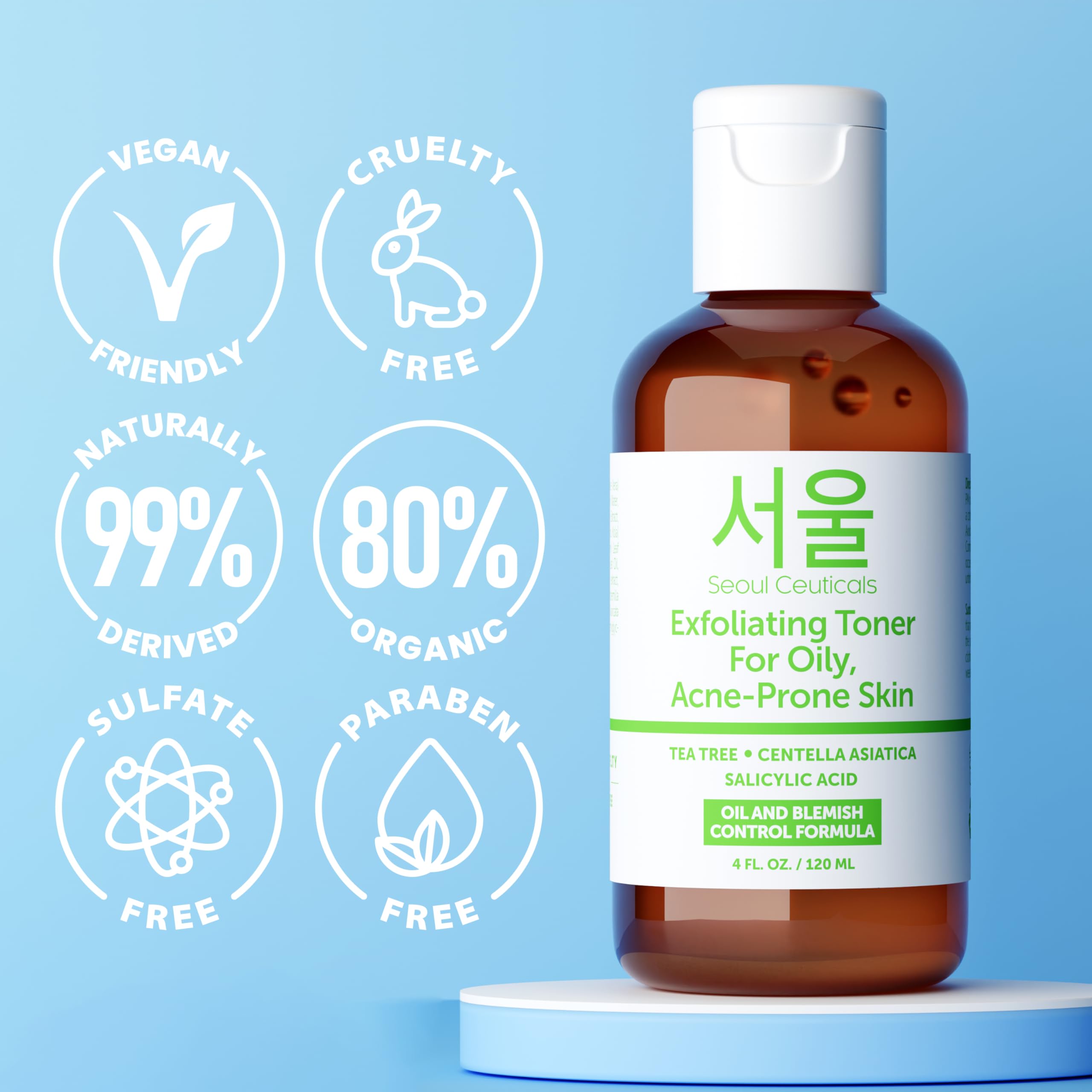 SeoulCeuticals Korean Toner for Oily Acne-Prone Skin – Tea Tree, Centella, Salicylic Acid | 4 fl oz