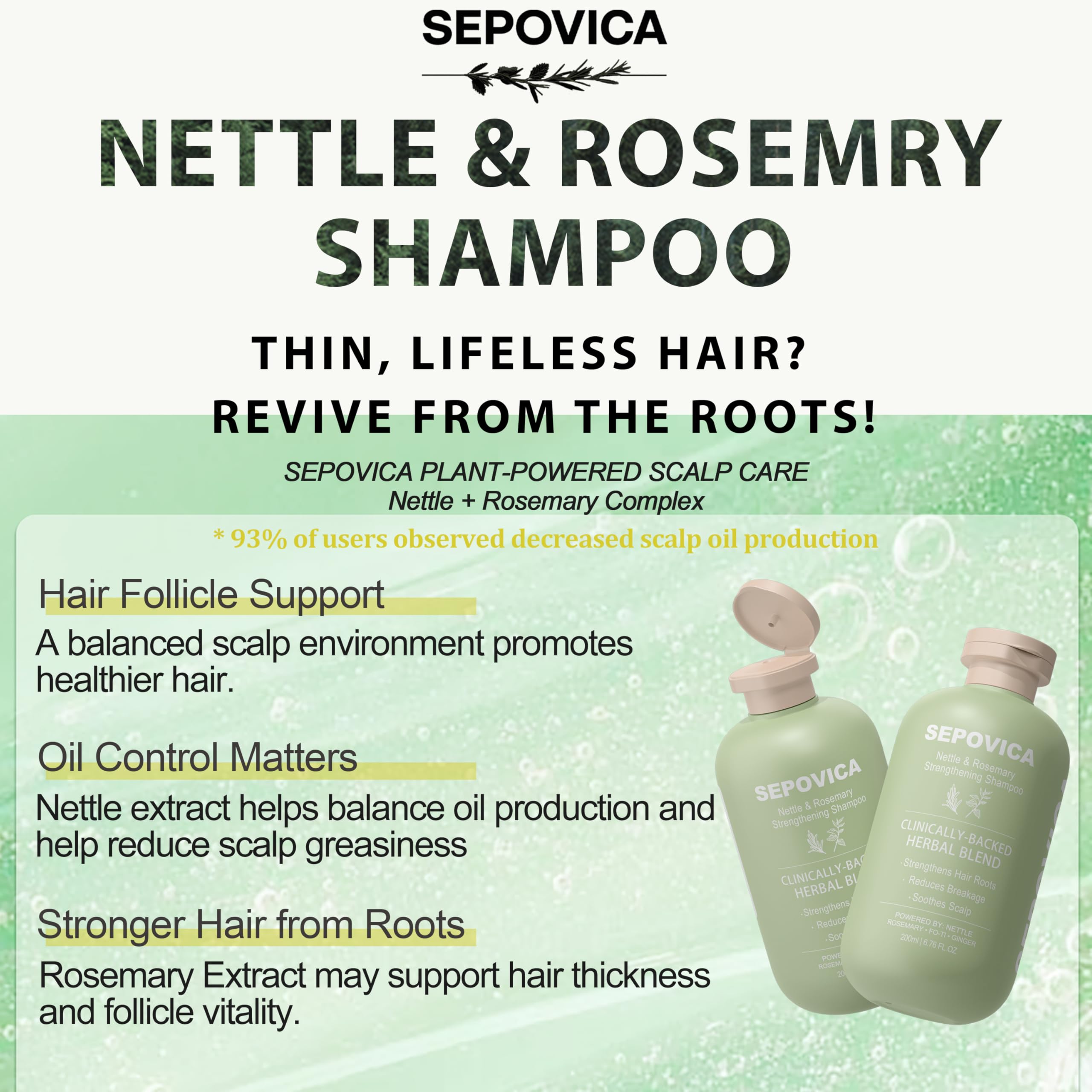 SEPOVICA Nettle & Rosemary Shampoo – Hair Growth, Thinning Hair & Oil Control | Volumizing, Paraben Free (6.76 fl oz)