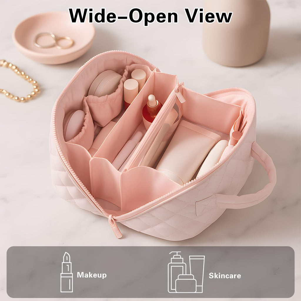 SEPSUMMER Makeup Bag Travel Toiletry Bag – Puffy Pink, Waterproof Cosmetic Organizer, Wide-Open Pouch, 180° Flat Design