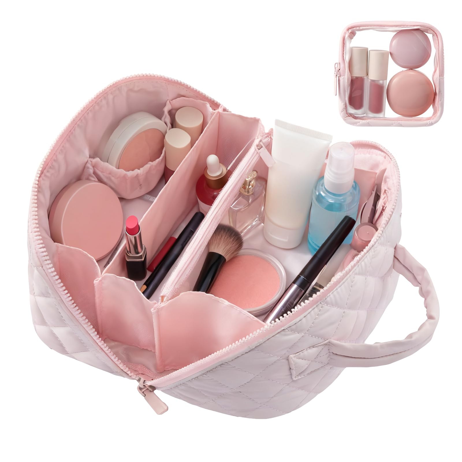 SEPSUMMER Makeup Bag Travel Toiletry Bag – Puffy Pink, Waterproof Cosmetic Organizer, Wide-Open Pouch, 180° Flat Design