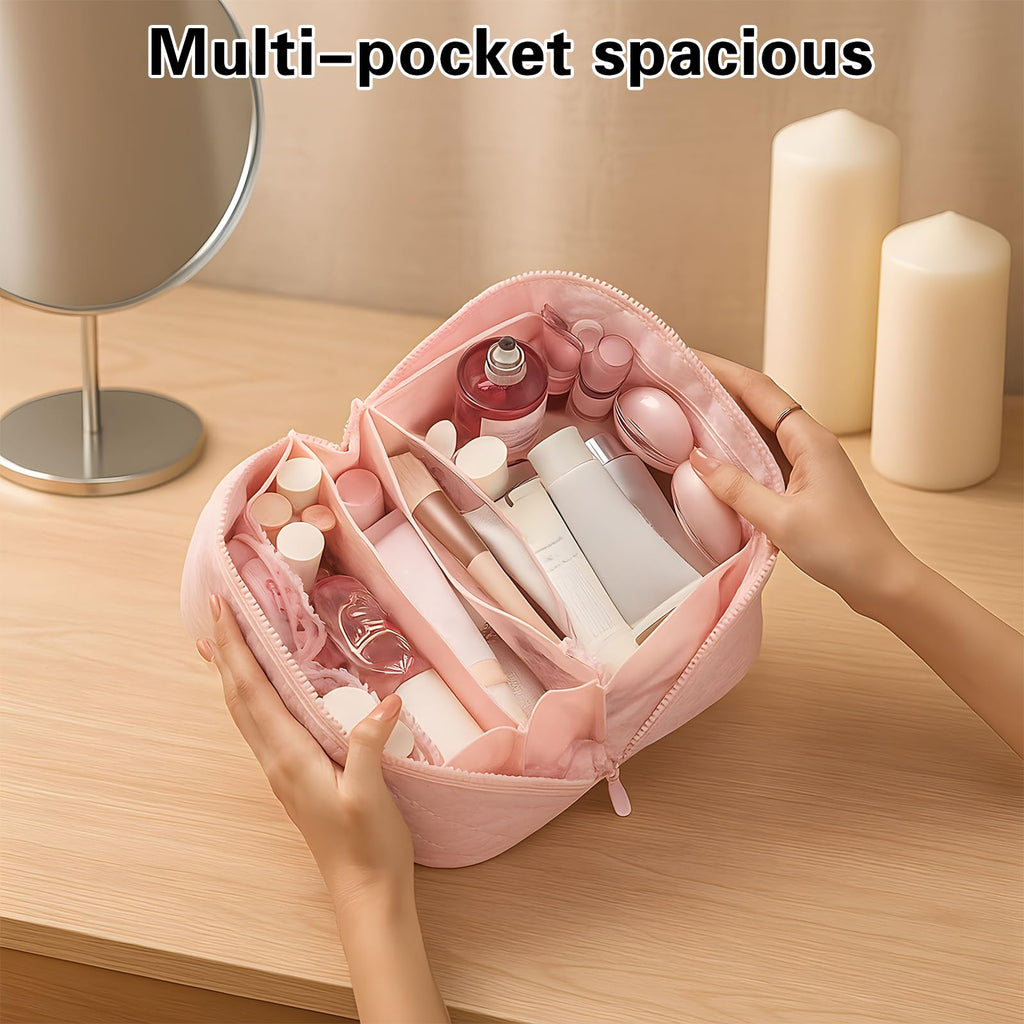 SEPSUMMER Makeup Bag Travel Toiletry Bag – Puffy Pink, Waterproof Cosmetic Organizer, Wide-Open Pouch, 180° Flat Design