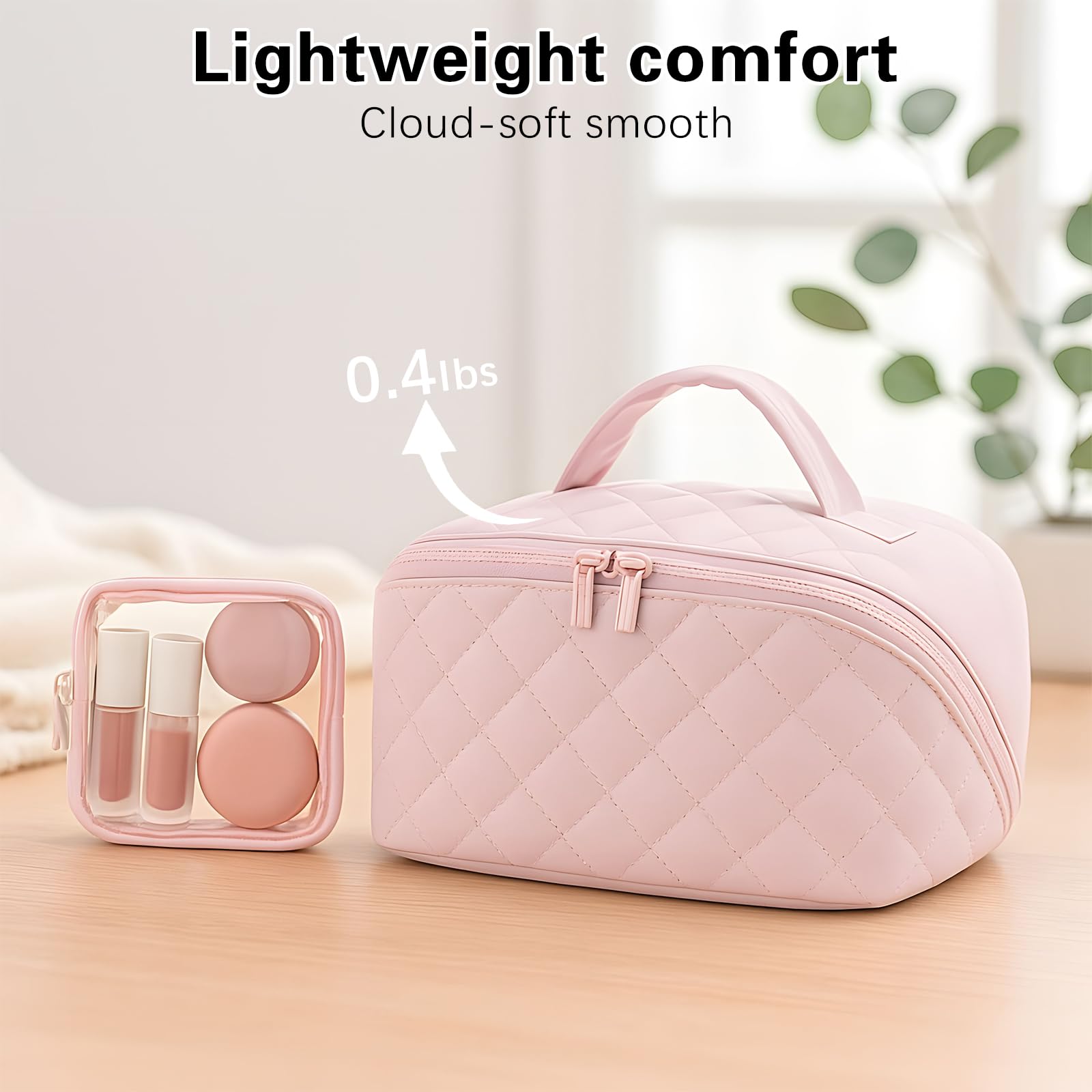 SEPSUMMER Makeup Bag Travel Toiletry Bag – Puffy Pink, Waterproof Cosmetic Organizer, Wide-Open Pouch, 180° Flat Design