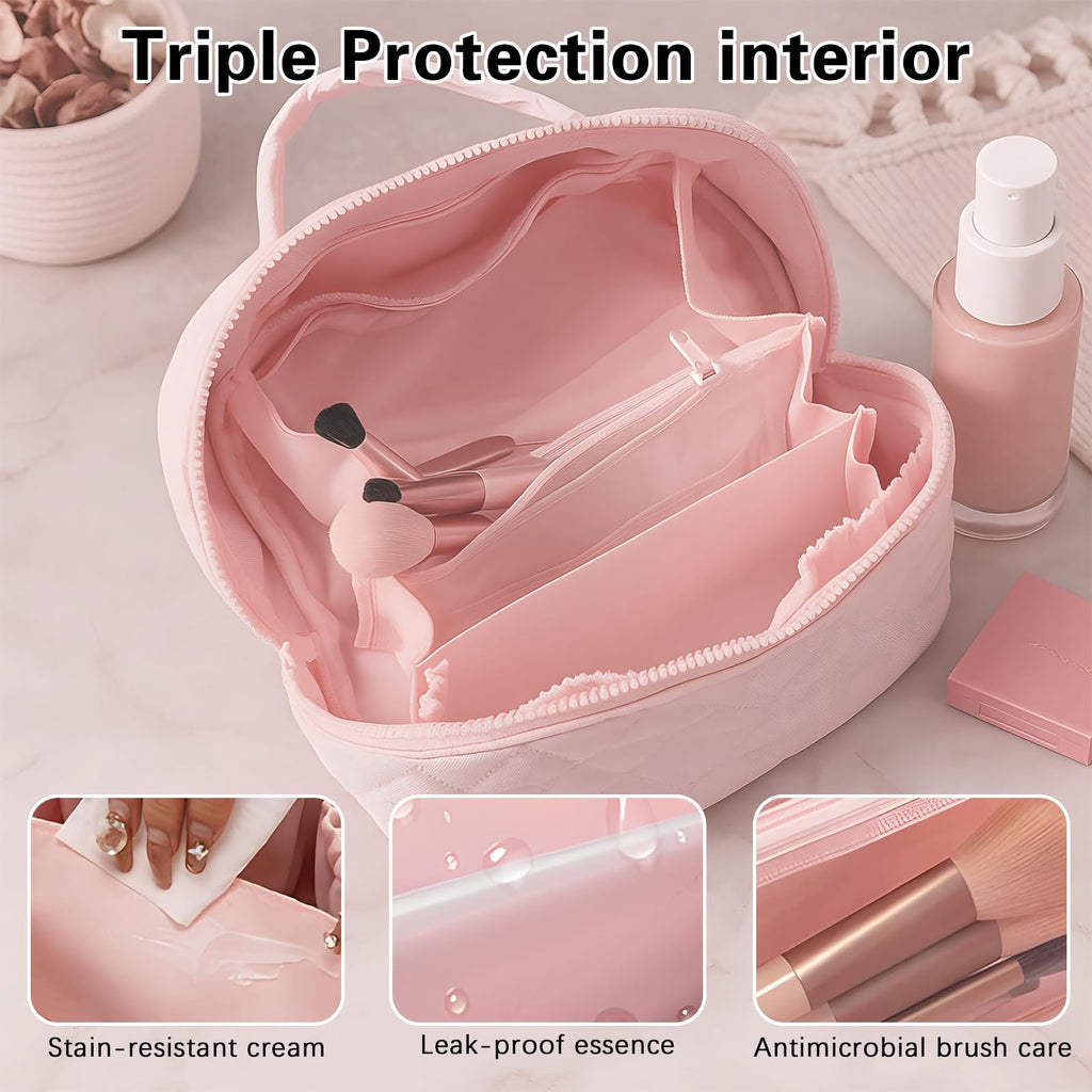 SEPSUMMER Makeup Bag Travel Toiletry Bag – Puffy Pink, Waterproof Cosmetic Organizer, Wide-Open Pouch, 180° Flat Design