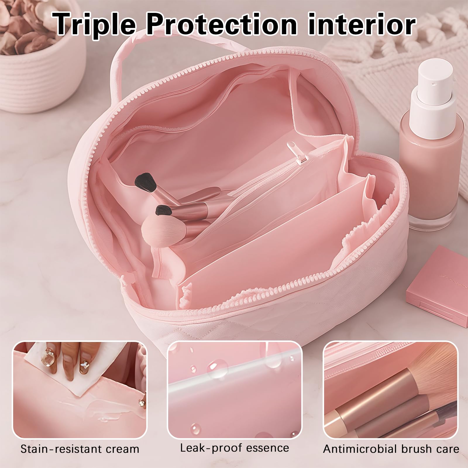 SEPSUMMER Makeup Bag Travel Toiletry Bag – Puffy Pink, Waterproof Cosmetic Organizer, Wide-Open Pouch, 180° Flat Design