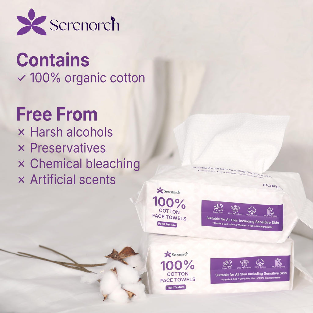 Serenorch 100% Cotton Disposable Face Towels – 120 Count, Dual-Texture, Hanging Pack
