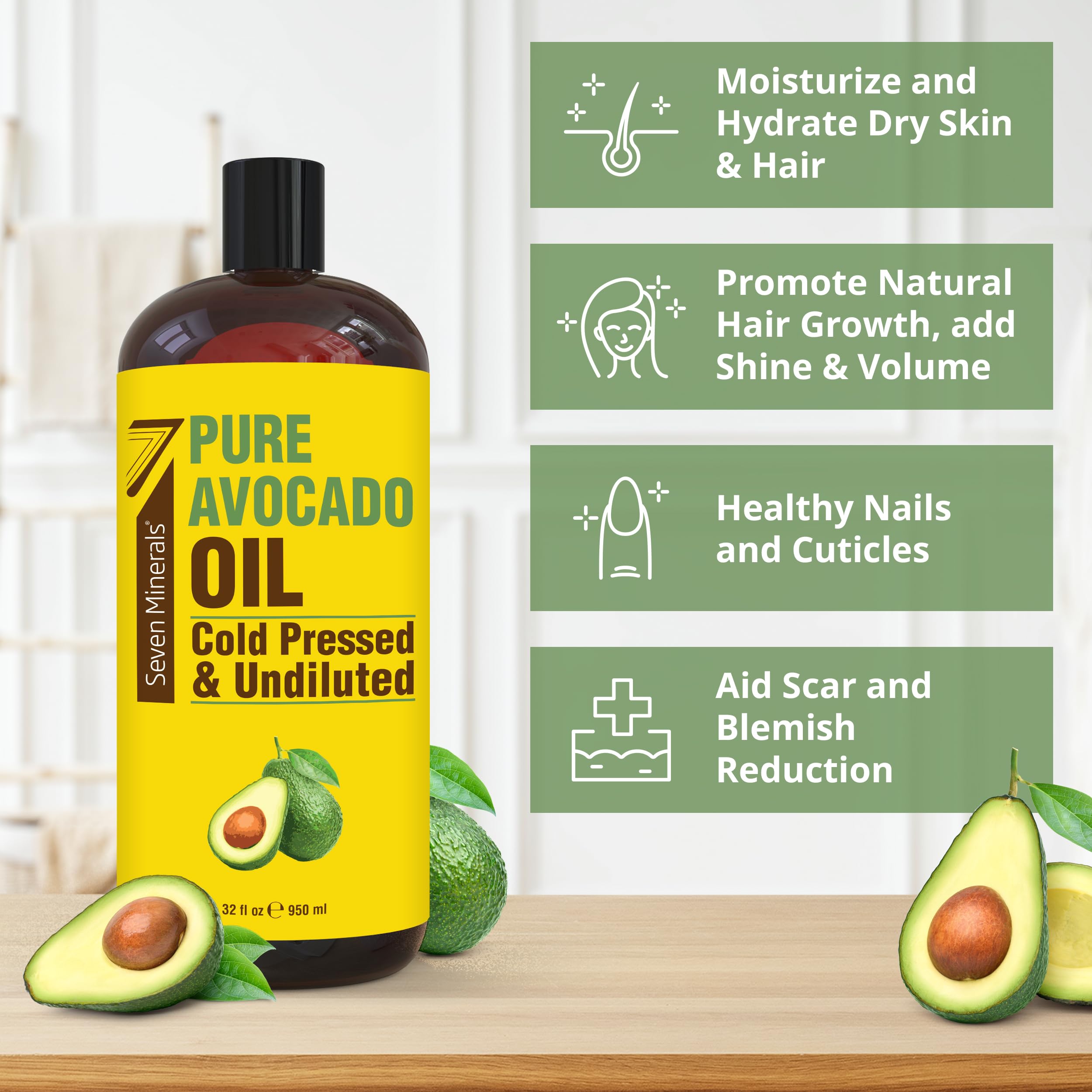 Seven Minerals NEW Cold Pressed Avocado Oil - 32oz, Hexane Free, Pure Carrier Oil