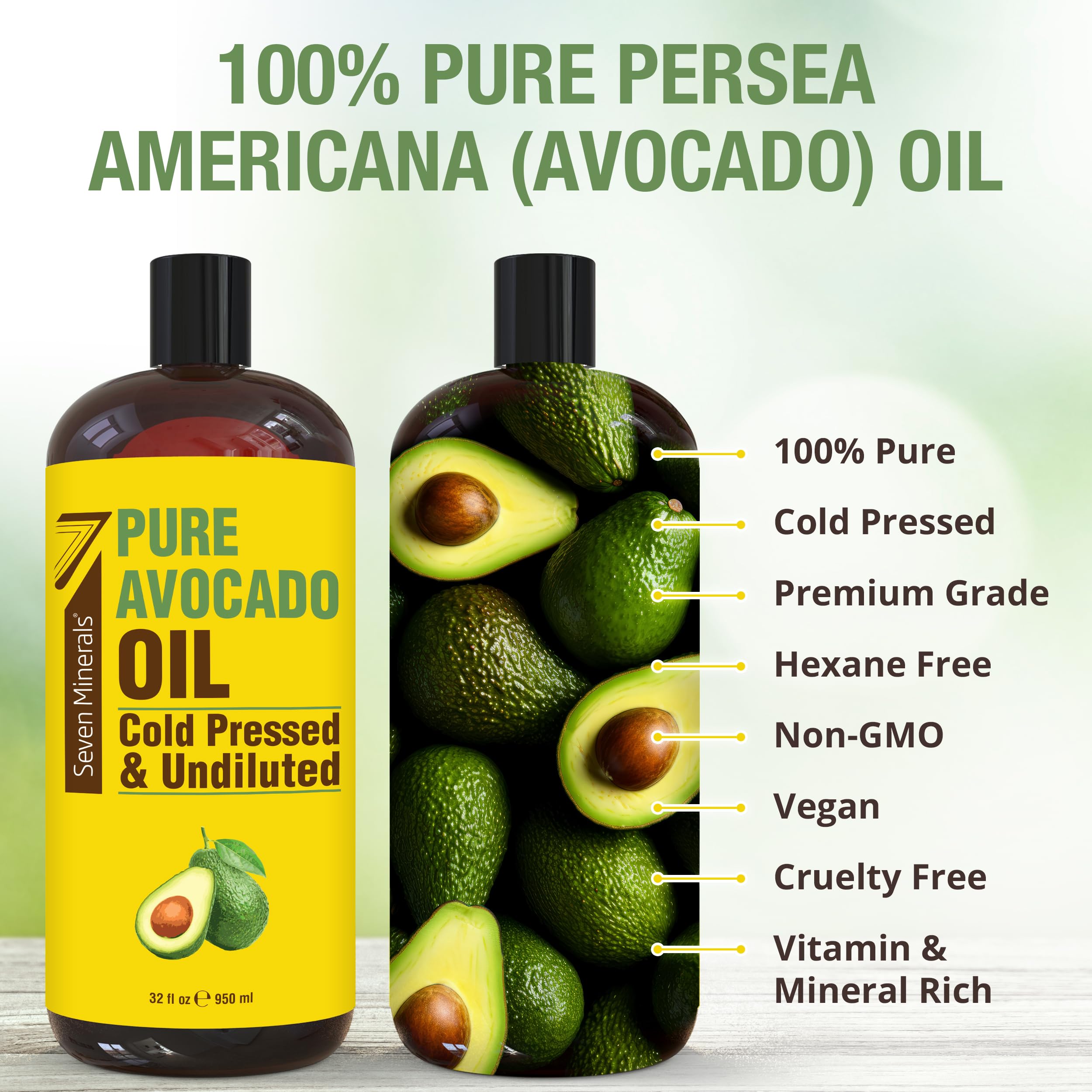 Seven Minerals NEW Cold Pressed Avocado Oil - 32oz, Hexane Free, Pure Carrier Oil