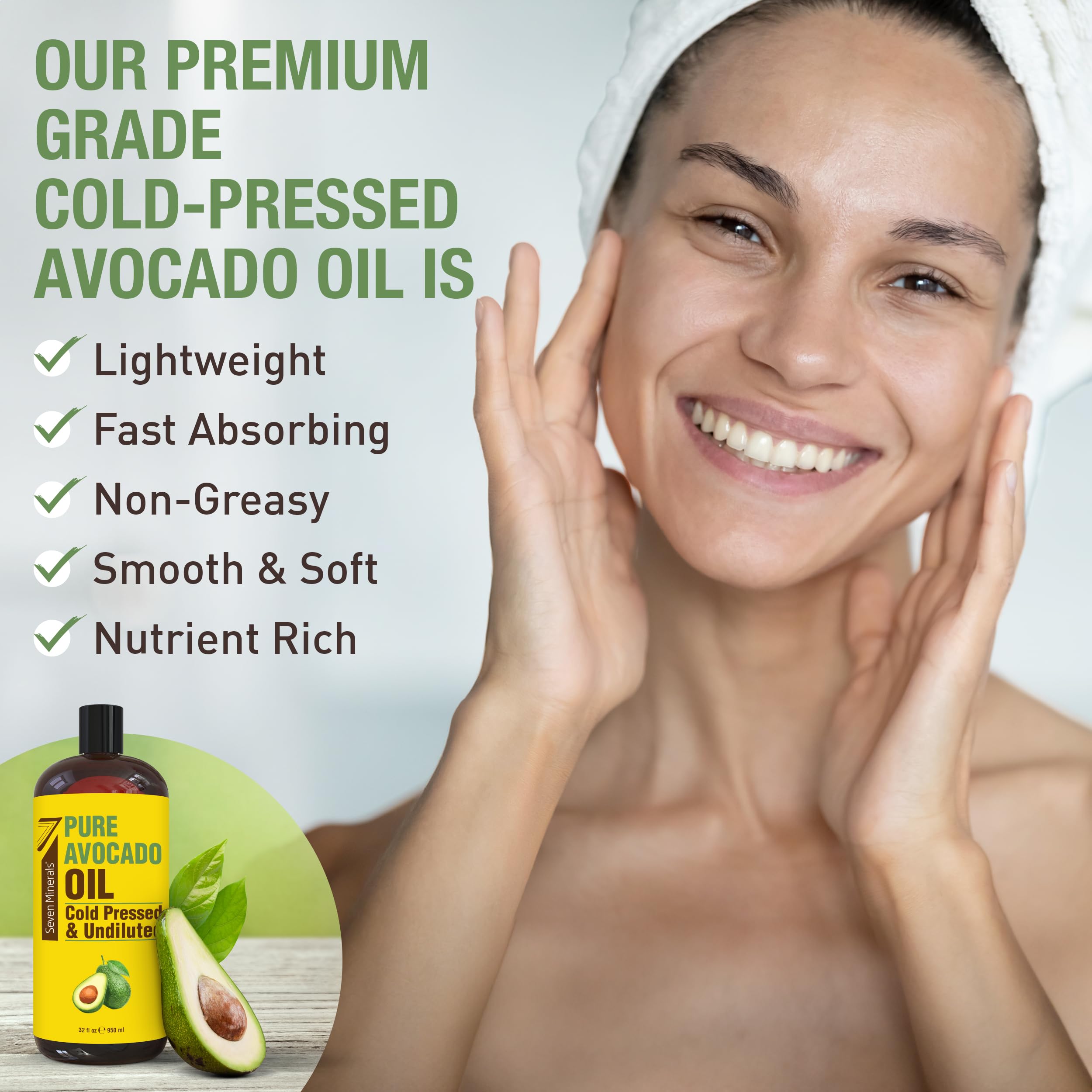 Seven Minerals NEW Cold Pressed Avocado Oil - 32oz, Hexane Free, Pure Carrier Oil